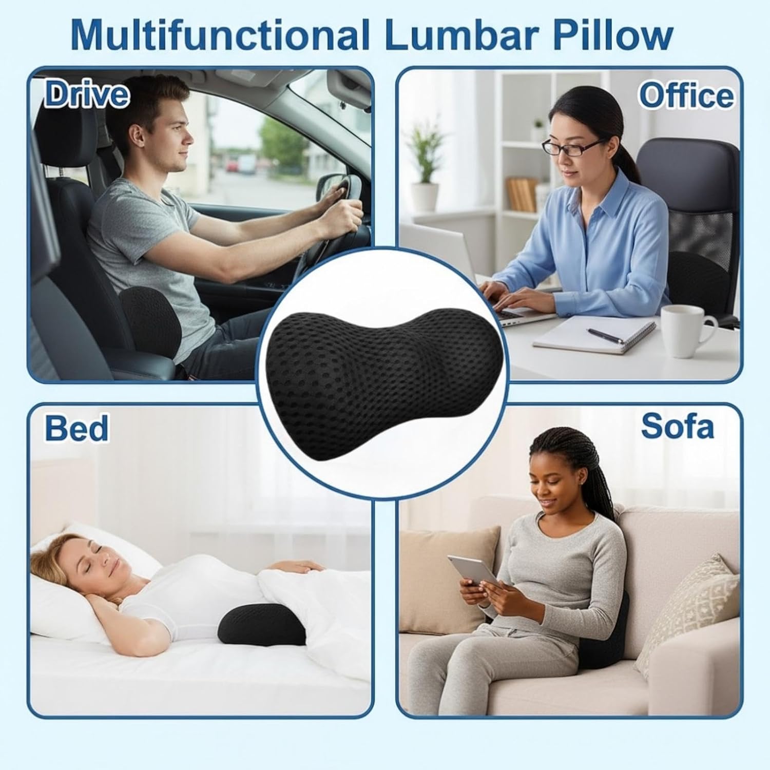 Ergonomisches Memory-Schaum-Lendenkissen, orthopädisches Rückenkissen für Bett, Bürostuhl und Auto, grau, mit Lordosenstütze und Steißbein-Entlastung (schwarz) – Bild 4
