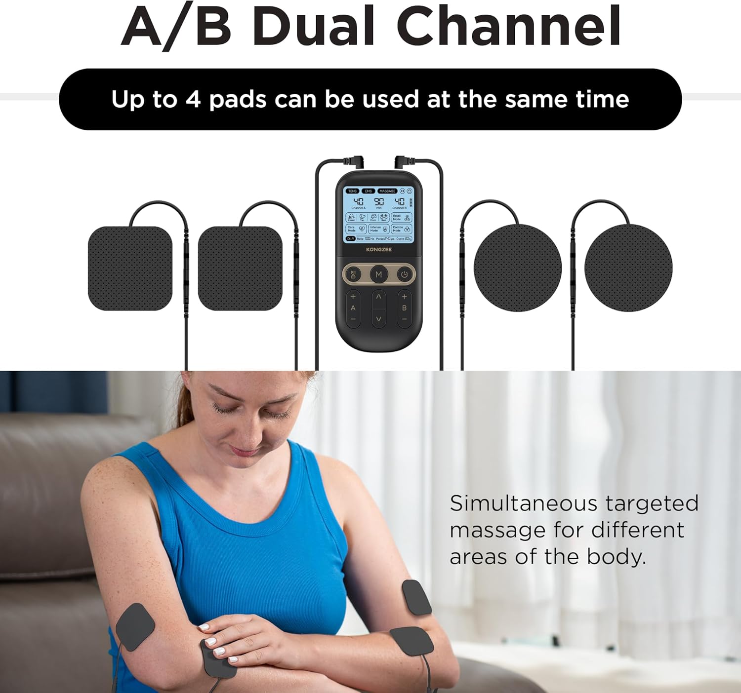4-in-1-DIY-TENS-Gerät, Massage-Muskel- und Nervenstimulationsgerät, Zweikanal-TENS-EMS-Gerät, Therapiegerät zur Schmerzlinderung, vom FDA-Impulsmassagegerät, mit 12 Elektrodenpads – Bild 5