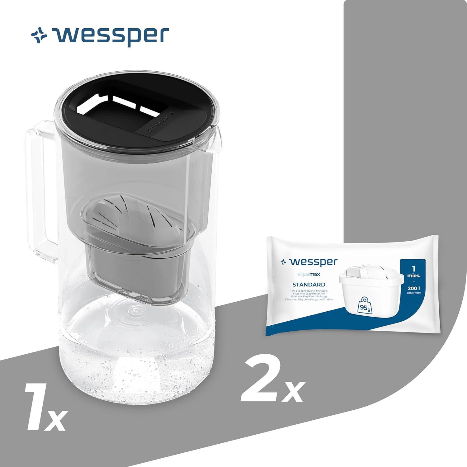 Wessper Wasserfilterkrug Glas 3 L, Set Wasserkrug und 2 Filterkartuschen, kompatibel mit Brita Maxtra, Wasserkaraffe für Trinkwasser mit Ersatzfilter, Schwarz – Bild 2