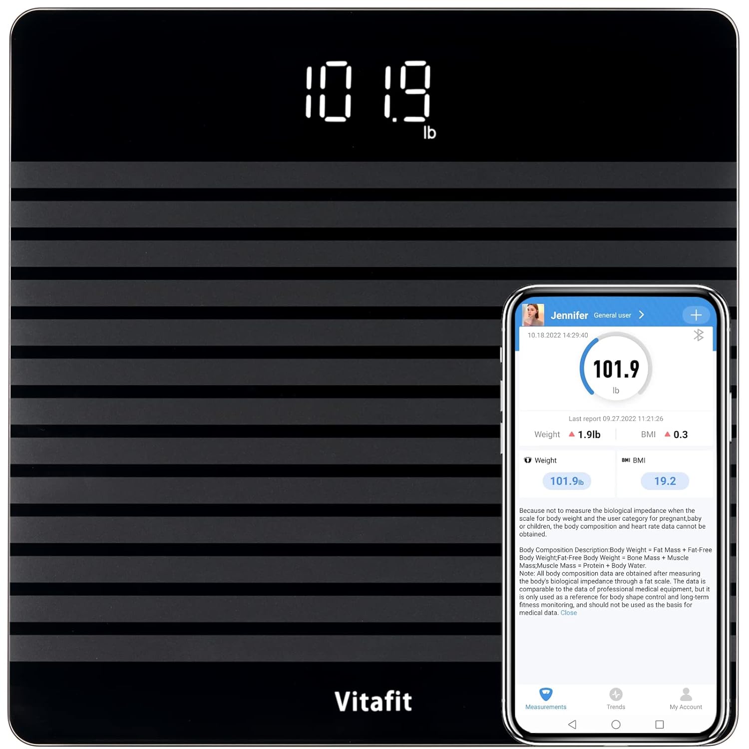 Vitafit Digitale Personenwaage mit Gewicht und BMI, Smarte Körperwaage mit App über Bluetooth, rutschfeste Plattform, Schwarz