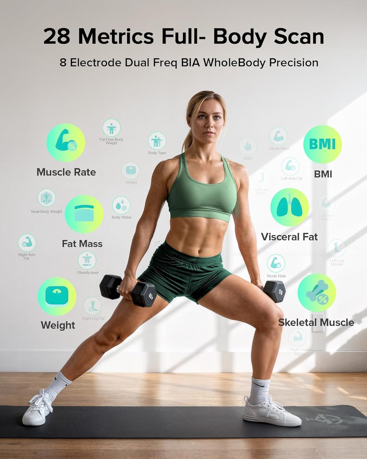 RunSTAR Körperfettwaage, Personenwaage digital mit 8 Elektroden für Körpergewicht und Körperfett, BMI, Muskelmasse und Analyse von 28 Körpermaßen App-Nutzung, 3-Metrik-Anzeige, 180kg – Bild 4