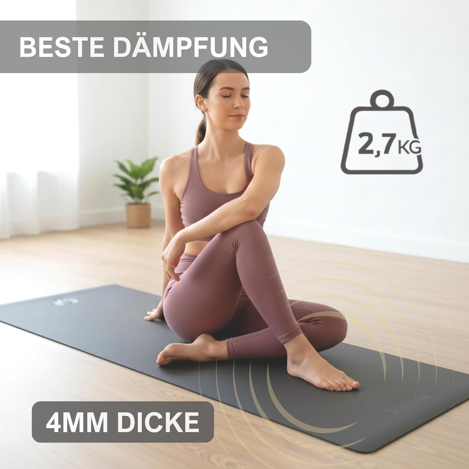 Yosana Yogamatte aus Naturkautschuk | Extrem rutschfest | Ultra-Grip-Oberfläche aus Eco PU | Extra breit 68 cm | Inklusive Tragegurt | Yogamatte 183 x 68 cm | 4 mm dünn – Bild 4