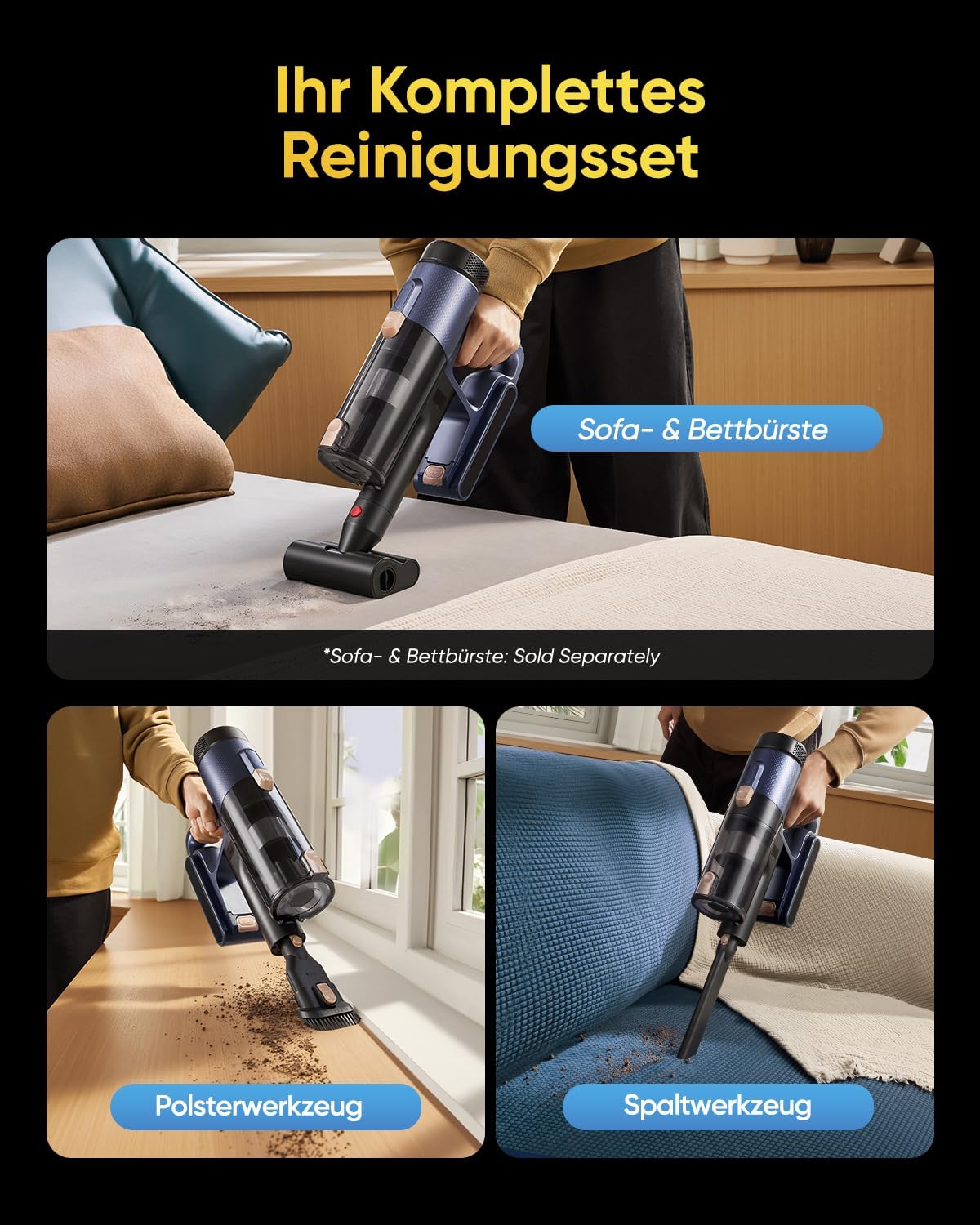 Vexilar Akku-Staubsauger 50.000 Pa/450 W/50 Min, kabelloser Staubsauger mit grüner LED, leichter 6-in-1 Akku-Staubsauger für Teppiche, Hartböden, Vorhänge, Auto, Tierhaare – Bild 5