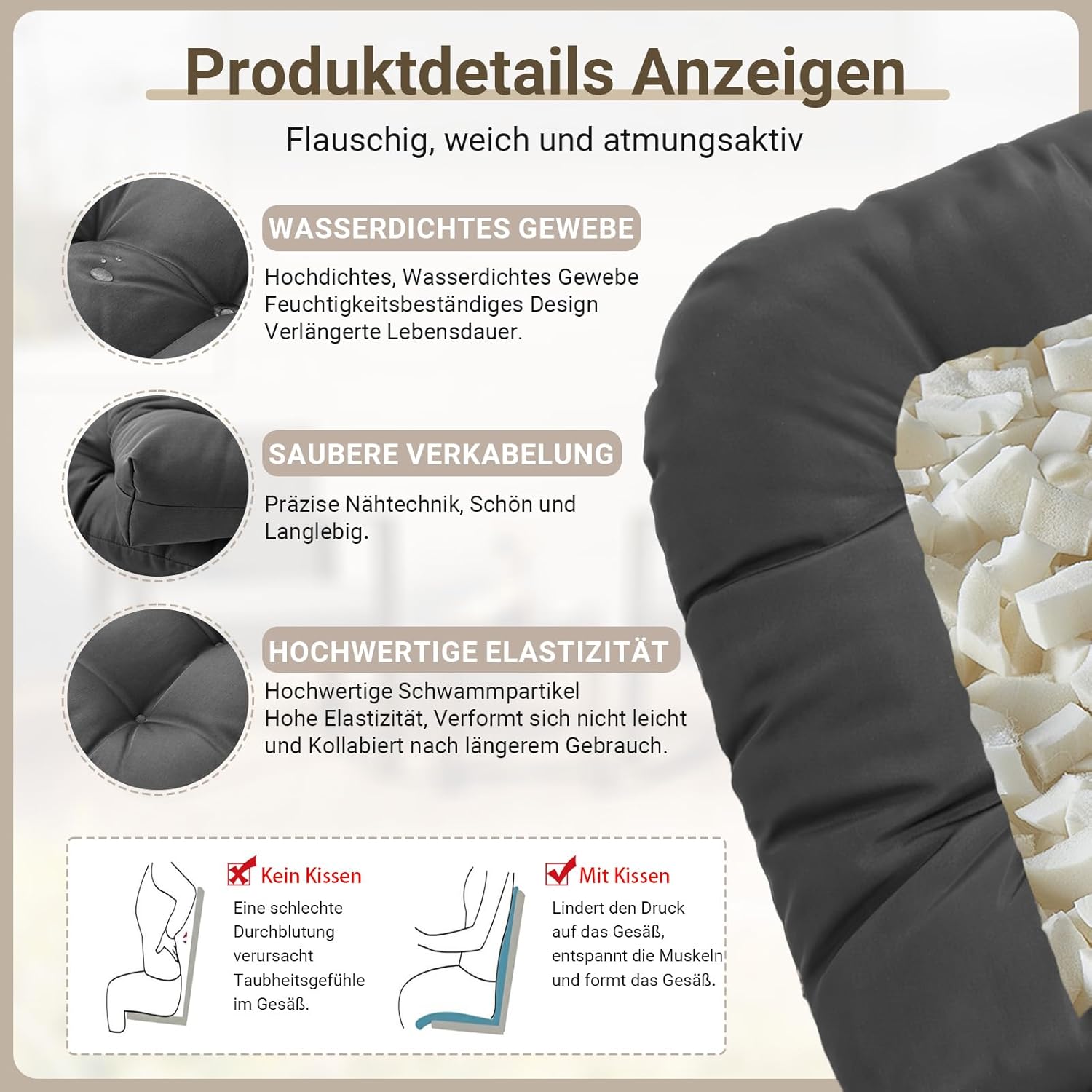 Outdoor-Stuhlauflagen für Balkon, Sitzkissen, halbrund, 48 x 48 cm, wasserdicht, Niederlehner, 2er-Set, modern, dick, mit Bändern für Büro, Gartenstühle und Rattanstuhl (dunkel). – Bild 5