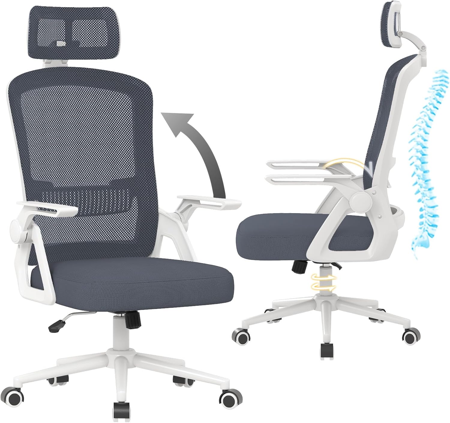 naspaluro Ergonomischer Bürostuhl mit verstellbaren Armlehnen, Schreibtischstuhl mit Kopfstütze, atmungsaktiver Netzbezug, Lordosenstütze, Höhenverstellung, Computerstuhl, 360°-Drehstuhl, hellgrau – Bild 9