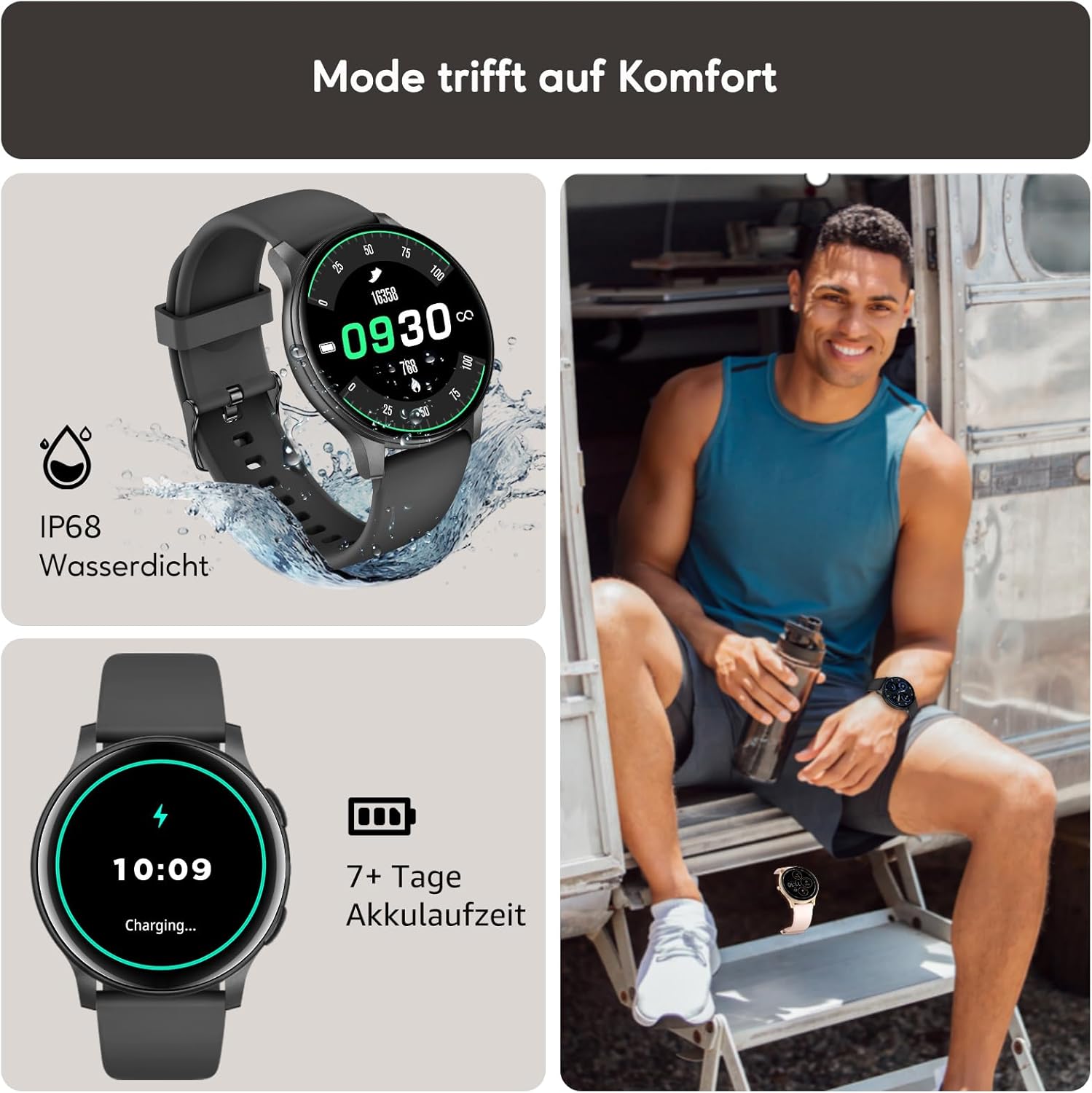 Smartwatch Damen Herren 1,38 Zoll HD-Display Smartwatch mit Bluetooth-Anrufen, Fitness-Tracker mit Herzfrequenz-SpO2-Schlafmonitor Schrittzähler IP68 wasserdichte Fitnessuhr für Android iOS Schwarz – Bild 6