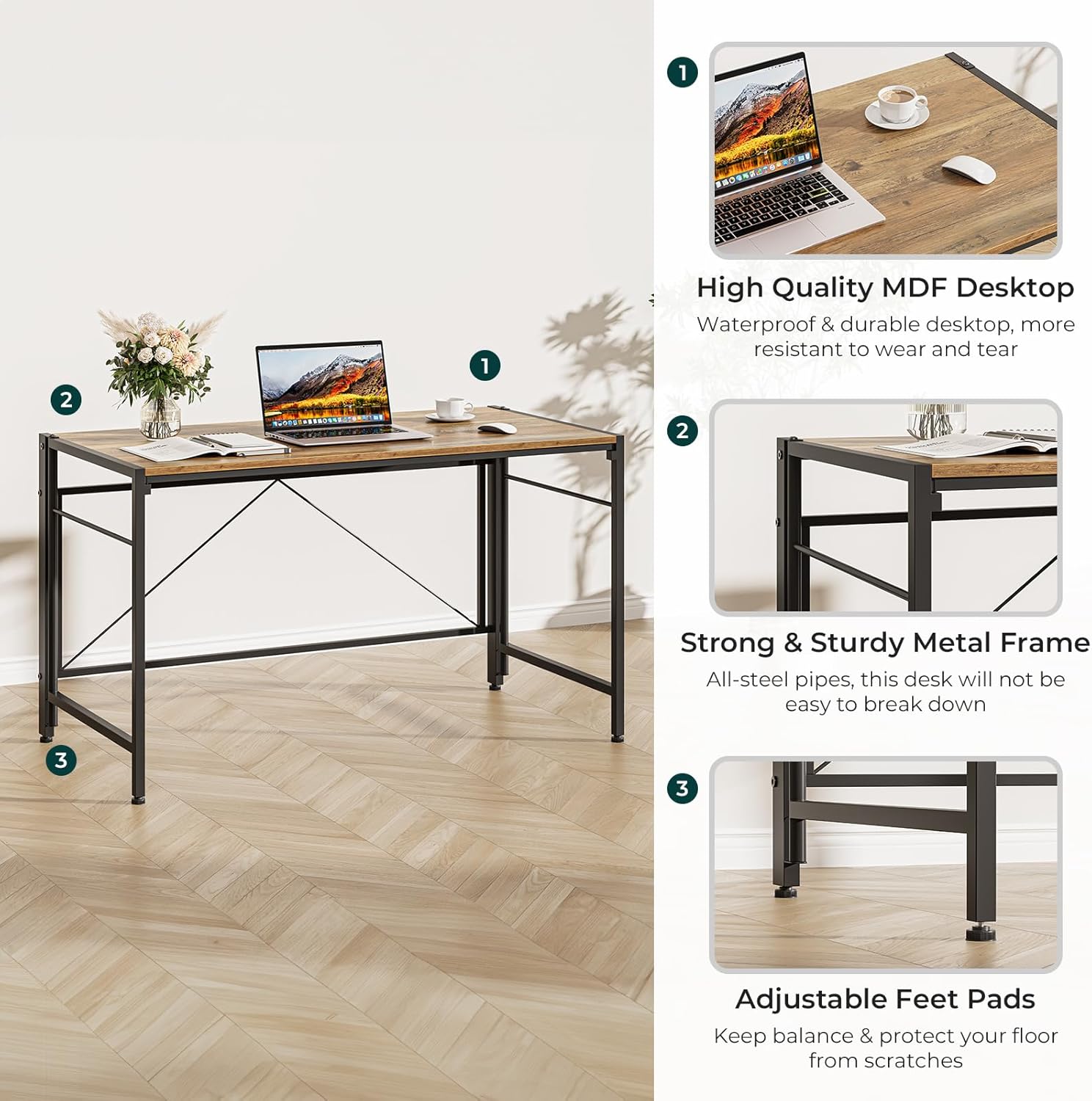 Dripex XXL Klappschreibtisch, 110 x 50 cm, klappbarer Computertisch mit Stahlrahmen, platzsparender PC-Tisch, wasserdichte Tischplatte für Zuhause, Büro, Arbeitszimmer (Eiche) – Bild 6