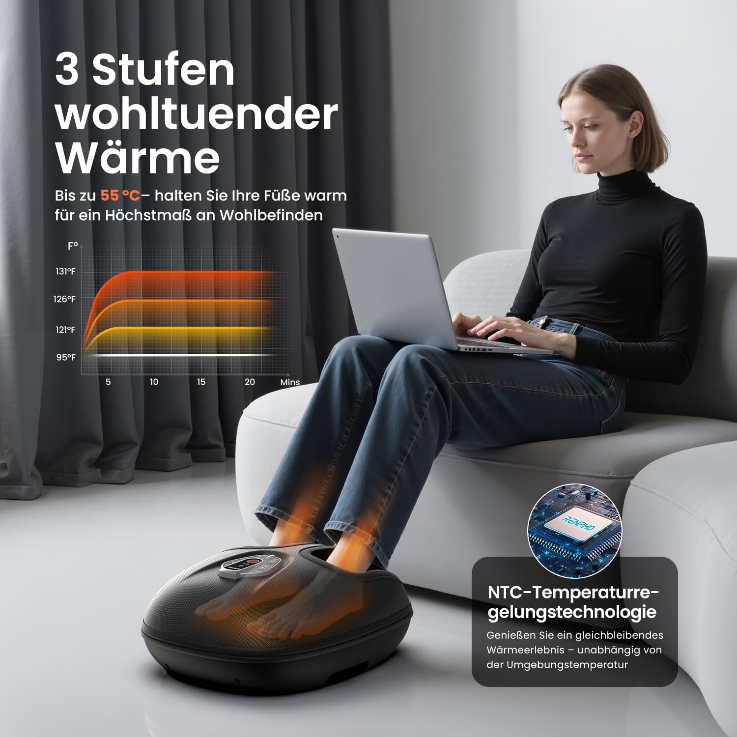 RENPHO Tragbares Fußmassagegerät mit Wärme (2026 aktualisiert), Fußmassagegerät elektrisch, Testsieger, 3D-Kneten, Rollen und Luftkompression, 3 Intensitäten, Geschenke für Damen und Herren, Schwarz – Bild 4