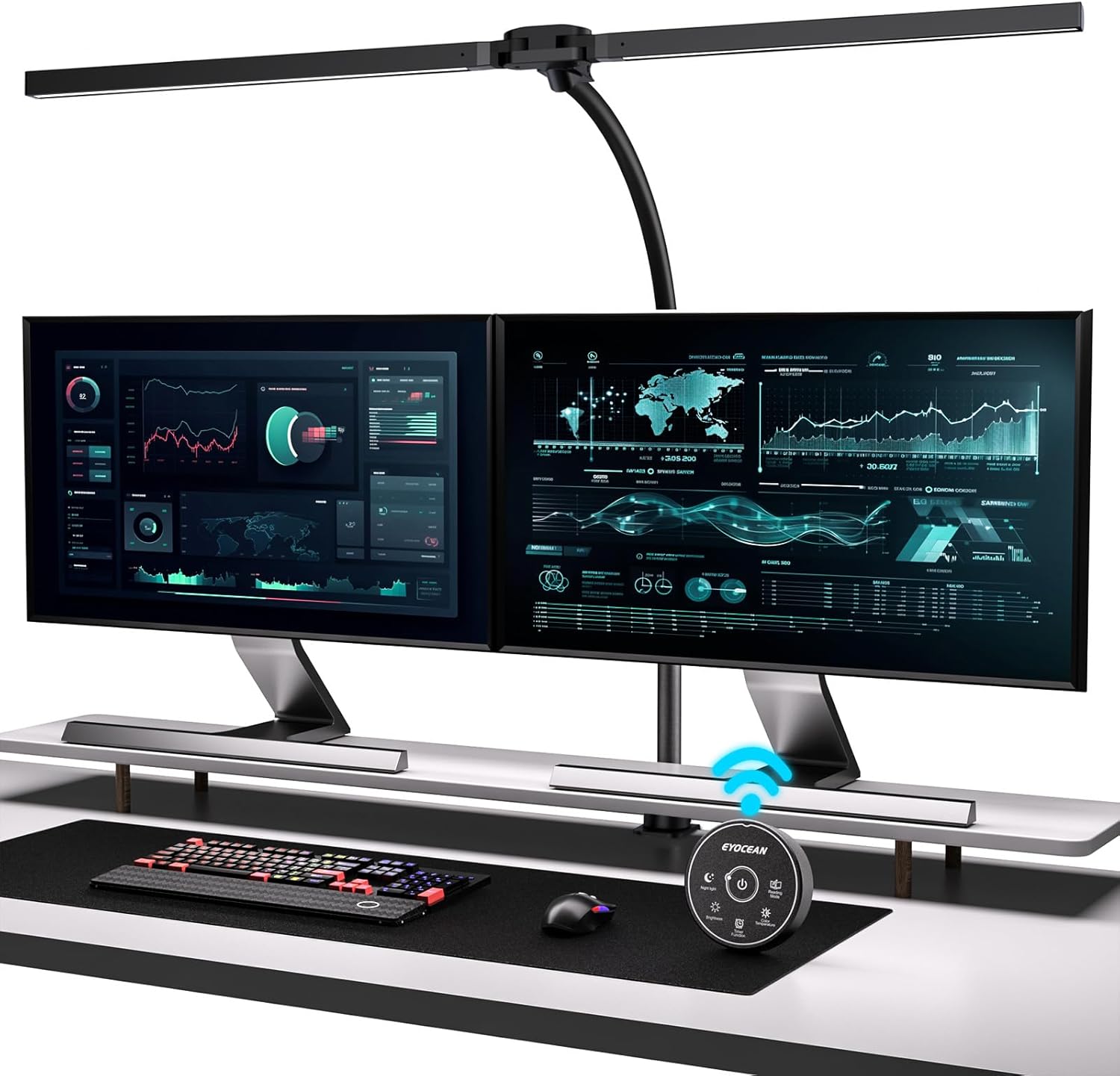 EYOCEAN Schreibtischlampe, Doppelkopf-Schreibtischlampe, klemmbar, 24 W 80 cm, Tageslichtlampe Schreibtisch mit Fernbedienung, dimmbare Monitorlampe, Büro-Tischlampe, Augenschutz-Bildschirmlampe