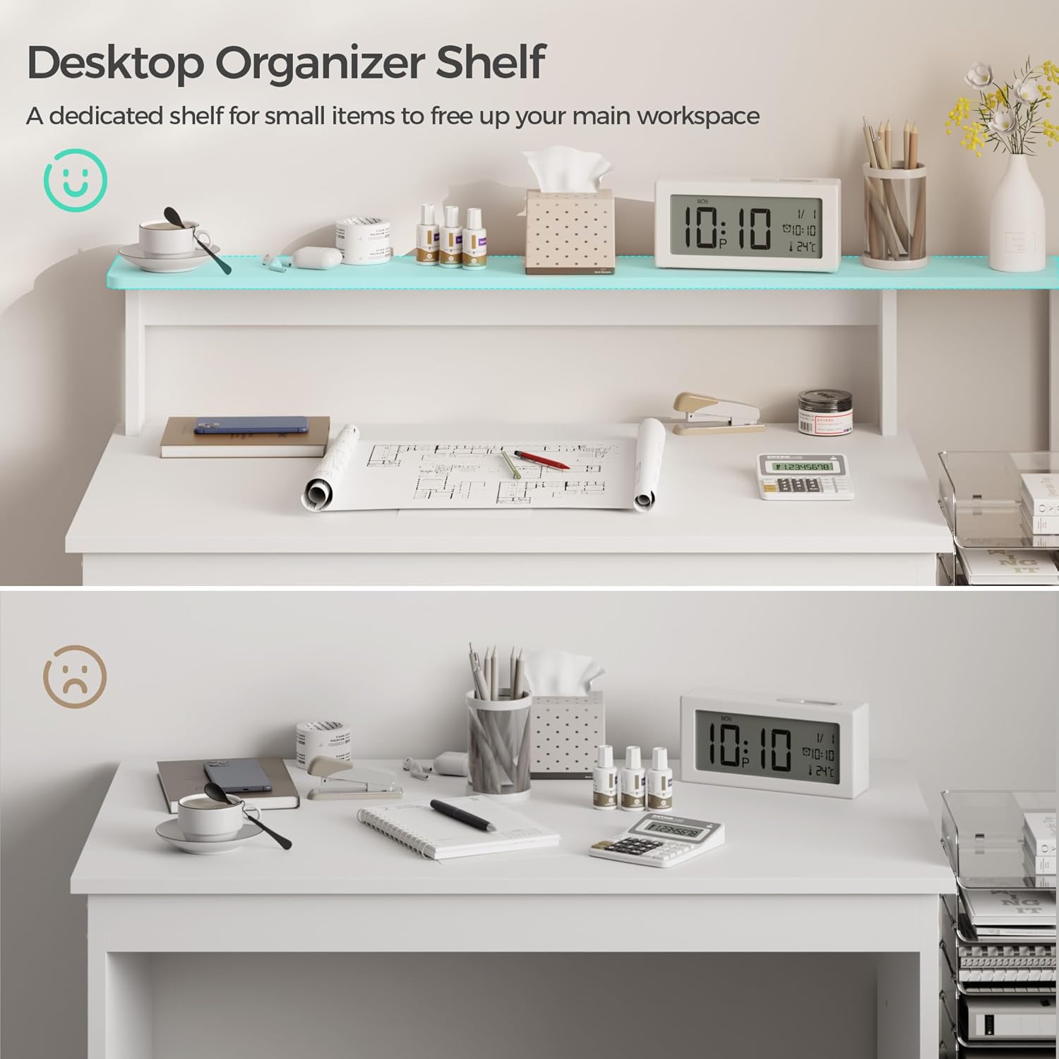 Mondeer Schreibtisch, Computertisch mit verstellbarer Ablage, kompakter Bürotisch mit Monitorständer, 110 x 48 x 93 cm, für Arbeitszimmer, Büro, Schlafzimmer, Weiß – Bild 5