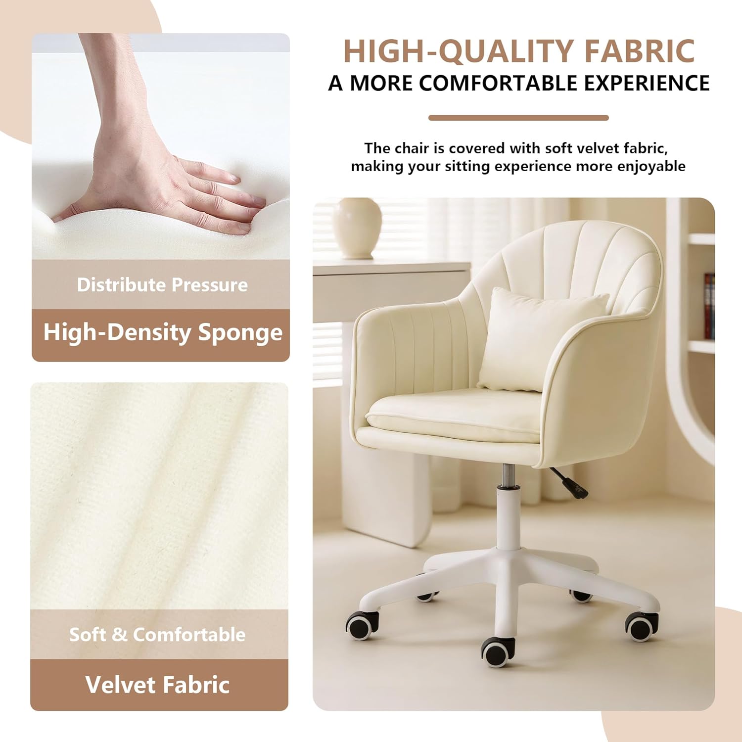 Ergonomischer Bürostuhl, um 360° drehbar, höhenverstellbar, Samtstuhl mit Kissen, Heimbürostuhl bis zu 250 PFD-Last, Schminktischstuhl für Arbeitszimmer, Schlafzimmer, Wohnzimmer, Beige – Bild 5