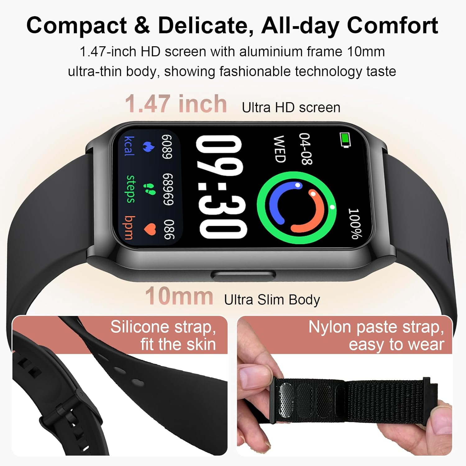 Smartwatch Herren Damen 1,47 Zoll Fitness-Tracker mit Herzfrequenzmesser, SpO2-Schlafmonitor, 25 Sportmodi, Aluminiumgehäuse in Schwarz, Ultra-Akkulaufzeit, wasserdichte IP68-Sportuhr für iOS Android – Bild 2