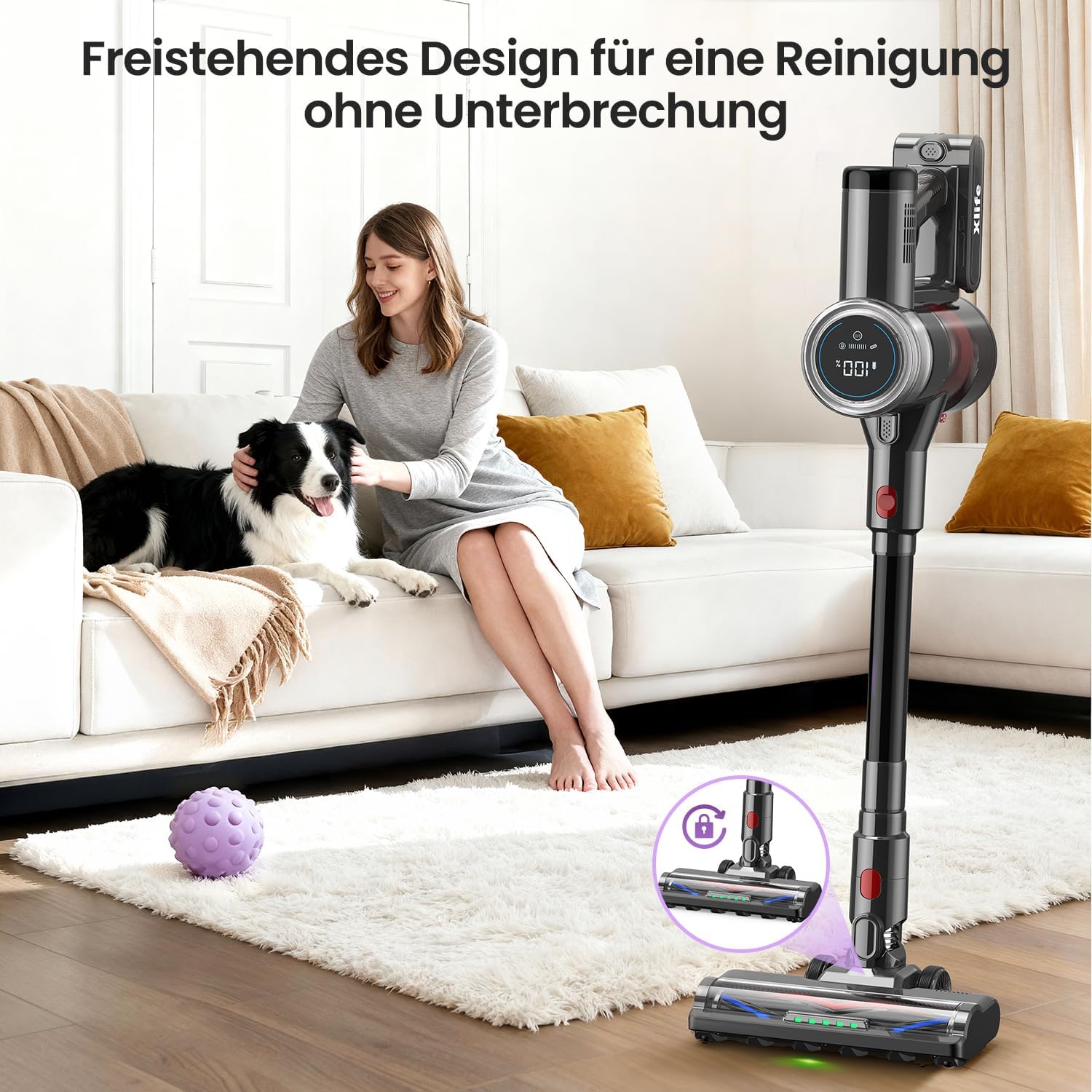 Xlife Akku-Staubsauger 550 W, 45000 Pa Saugleistung, 40 Minuten Laufzeit, Anti-Haar-Wickelbürste, grüner Staubsensor, HEPA-Filter, für Tierhaare, Teppich, Hartböden – P2 (Hellgrau) – Bild 6