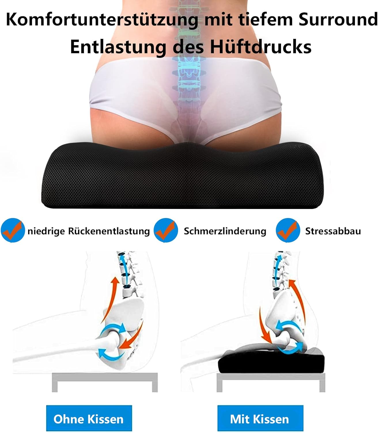 YOUFI Großes Sitzkissen, 10,5 cm, dicker Memory-Schaum für Bürostuhl, mit Kühlgel für Ischias, Steißbein, Rücken, dickes Kissen, 48 x 45 x 10,5 cm (schwarz) – Bild 4