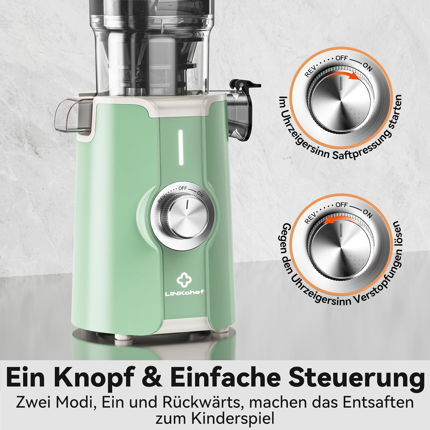 LINKChef Slow Juicer, Entsafter Gemüse und Obst, Testsieger mit 115 mm großer Größe für ganze Früchte/Gemüse, Blitzreiniger, einfache Installation, BPA-frei, 200 W, Hellgrün – Bild 9