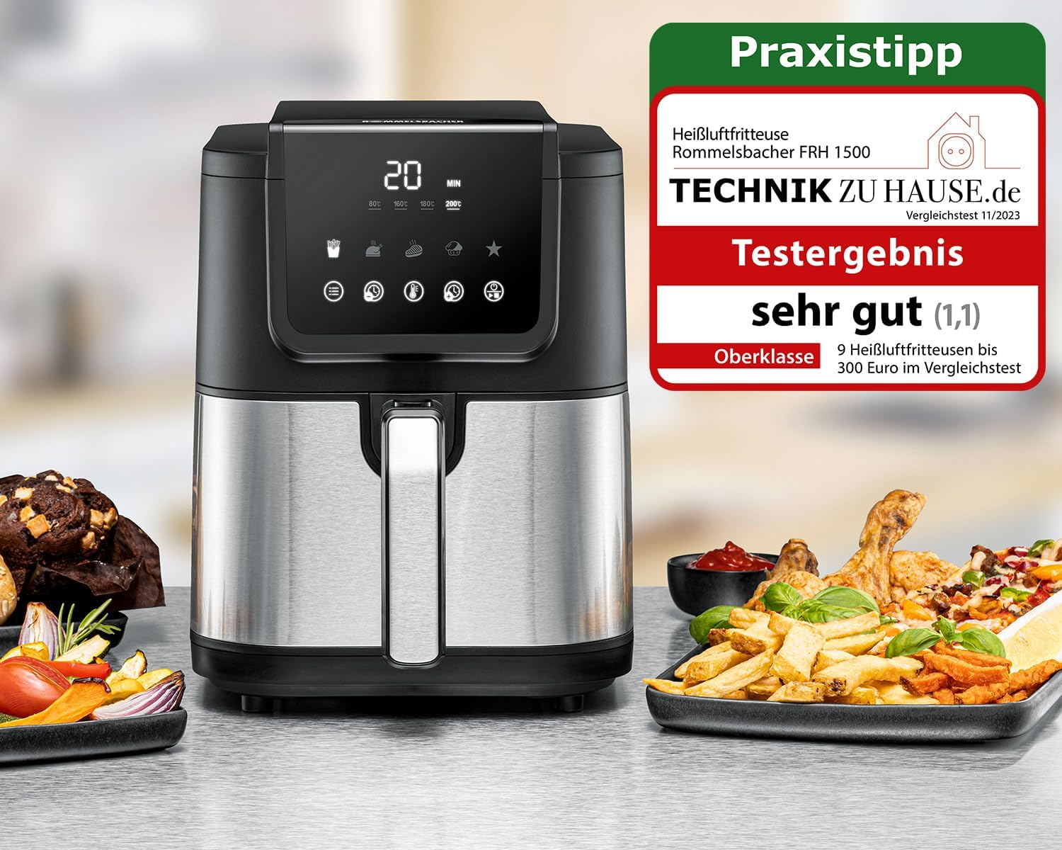 ROMMELSBACHER Heißluftfritteuse FRH 1500, XL-Backraum 5 Liter (ca. 18 x 26 cm) für 800 g Chips, sehr leiser Betrieb 45 dB (A), 5 Programme + 4 Temperaturstufen, platzsparendes rechteckiges Design – Bild 2