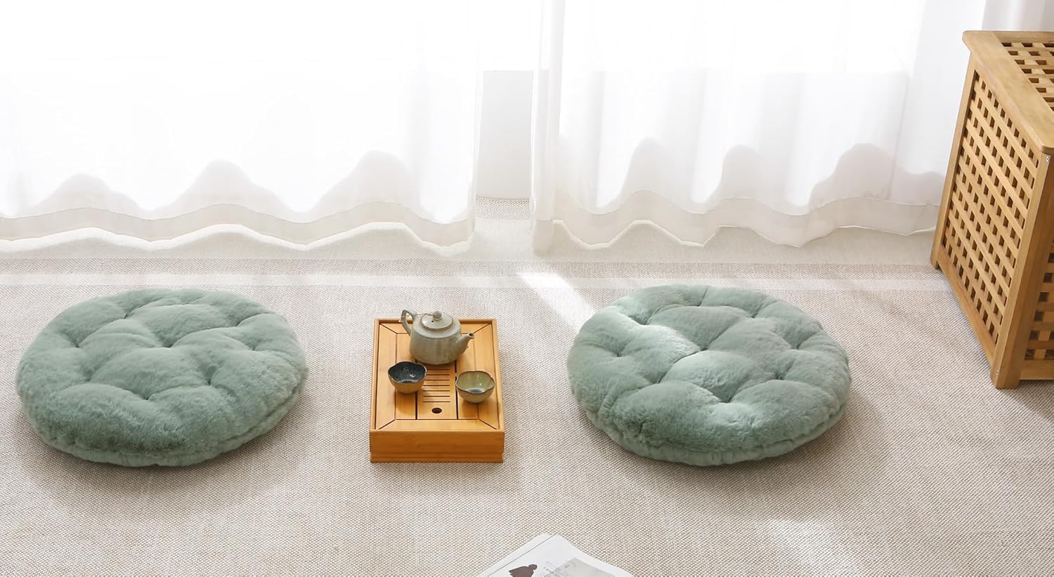 Rundes Bodenkissen für Erwachsene – 50 cm Meditationskissen aus Kunstkaninchenfell, weiches Sitzkissen für Wohnzimmer, Balkon, Yoga & Outdoor (Salbeigrün) – Bild 3