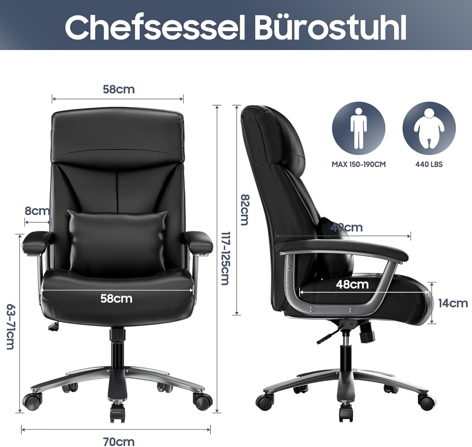Ergonomischer Bürostuhl, 200 kg, Schreibtischstuhl, Computerstuhl, hohe Rückenlehne, ergonomischer Stuhl, höhenverstellbar, 360° drehbar, schwarzes kratzfestes Leder, (aktualisiert) – Bild 3