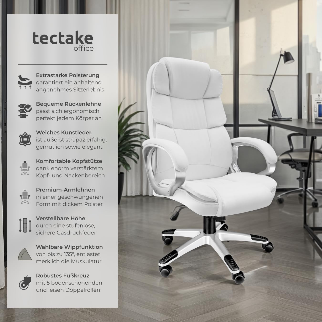tectake Chefbürostuhl mit 12 cm Polsterung, Schreibtischstuhl mit Armlehnen und Wippfunktion, ergonomischer Bürostuhl höhenverstellbar, PC-Stuhl, Drehstuhl mit Rollen in Lederoptik – Weiß – Bild 3