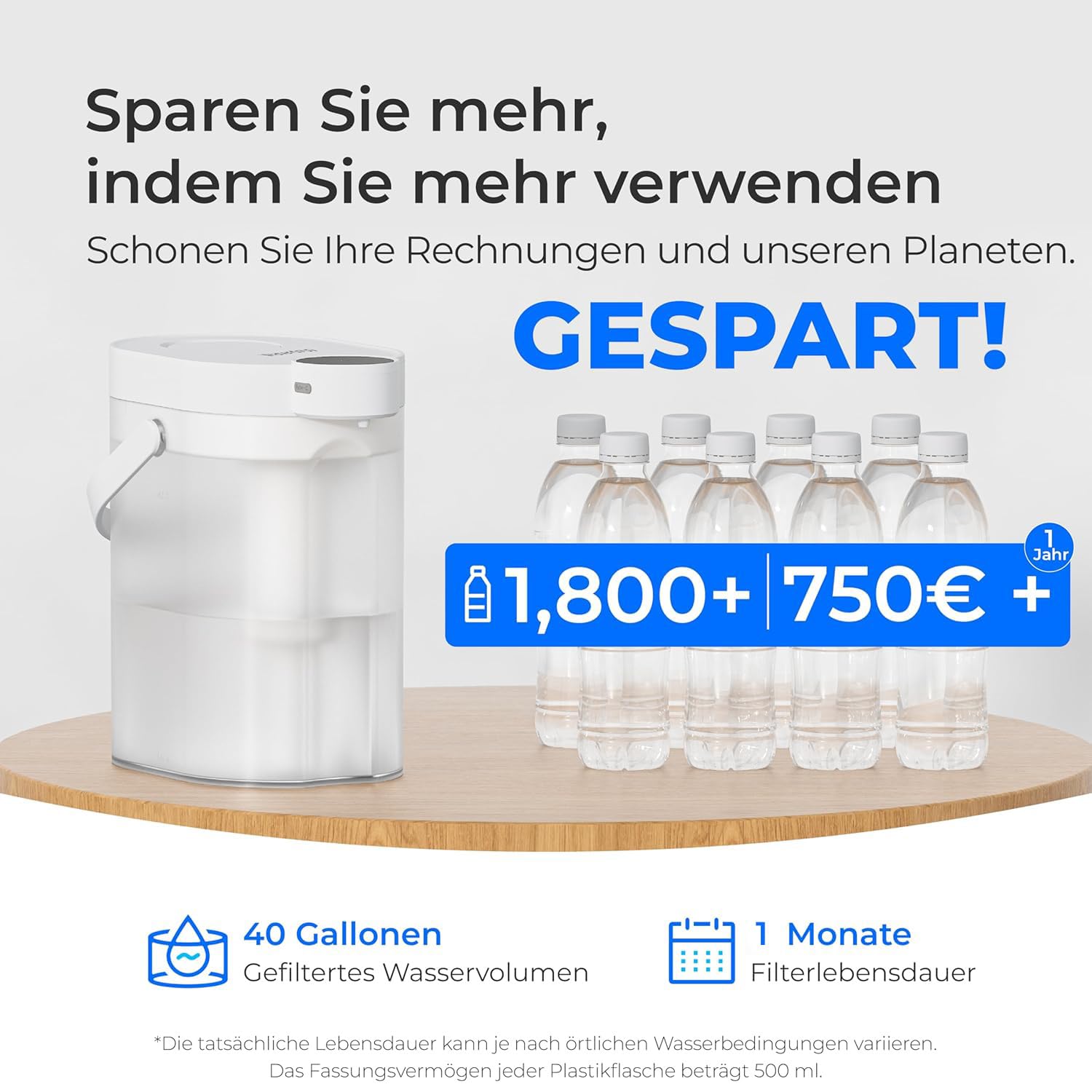 Waterdrop FreshTaste Wasserhärter, elektrischer Wasserfilterkrug, 4 l Wasserfilterspender für Kühlschrank, reduziert Kalk, Chlor, Blei, Kupfer, reinigt, Weiß (Ersatzfilter: WD-EWFS) – Bild 6