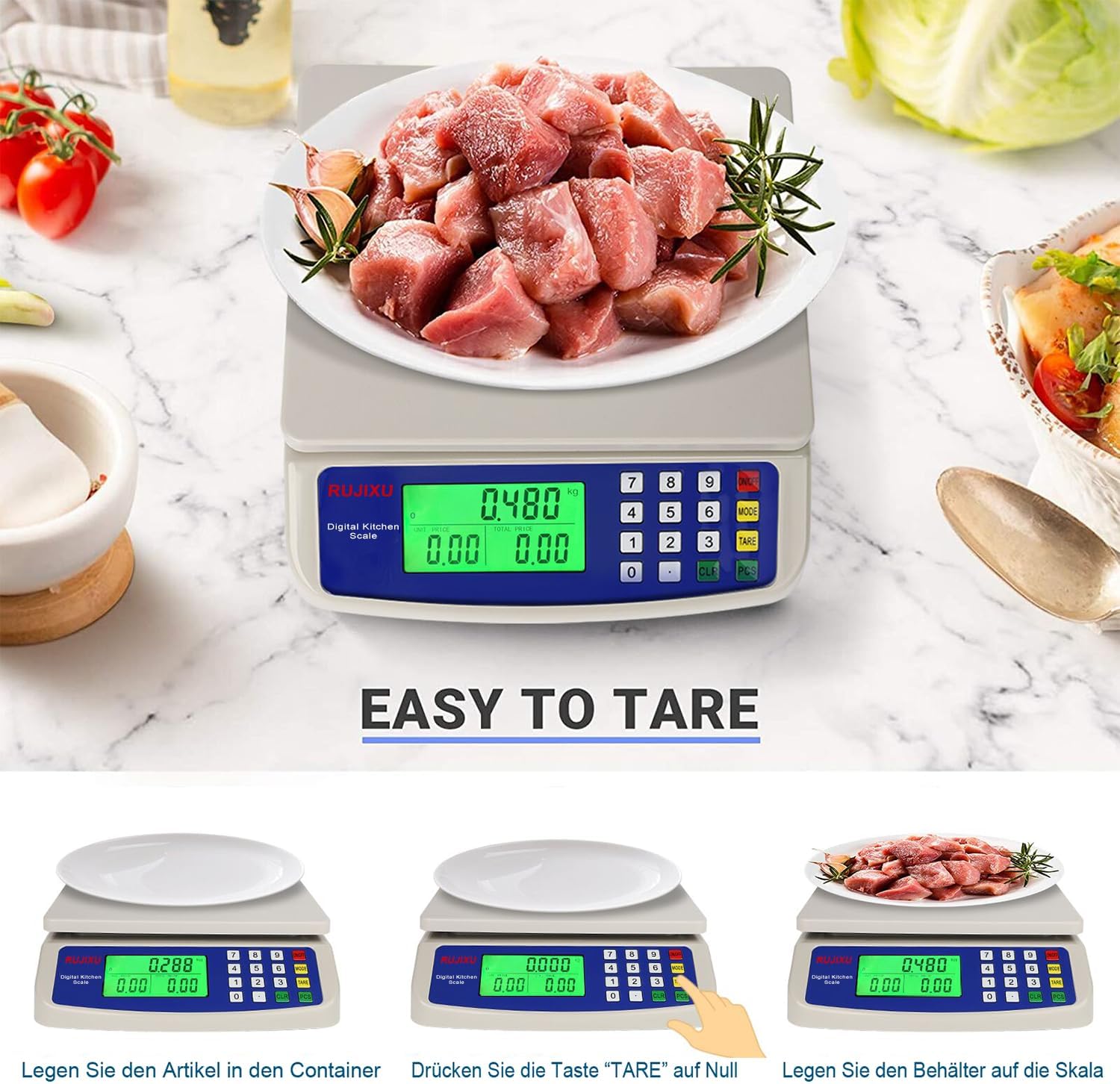 Digitale Waage bis 30 kg, große Küchenwaage, Obstwaage mit LCD-Display und Tara-Funktion, digitale Waage mit PCS-Zählwaage, 3-Einheiten-Umrechnung – Bild 4
