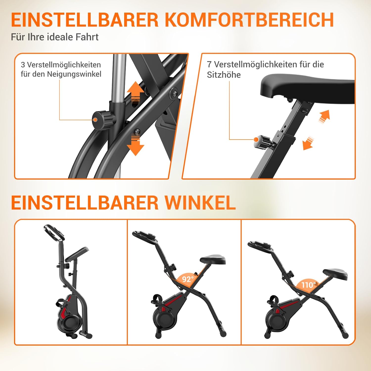 UMAY Ergometer Heimtrainer Fahrrad, 5-in-1-Heimtrainer, faltbares Indoor-Bike, 16 Stufen magnetischer Widerstand, Cardio mit Pulsmessung & LED-Anzeige, weicher Sitz, 136 kg Tragkraft – Bild 6
