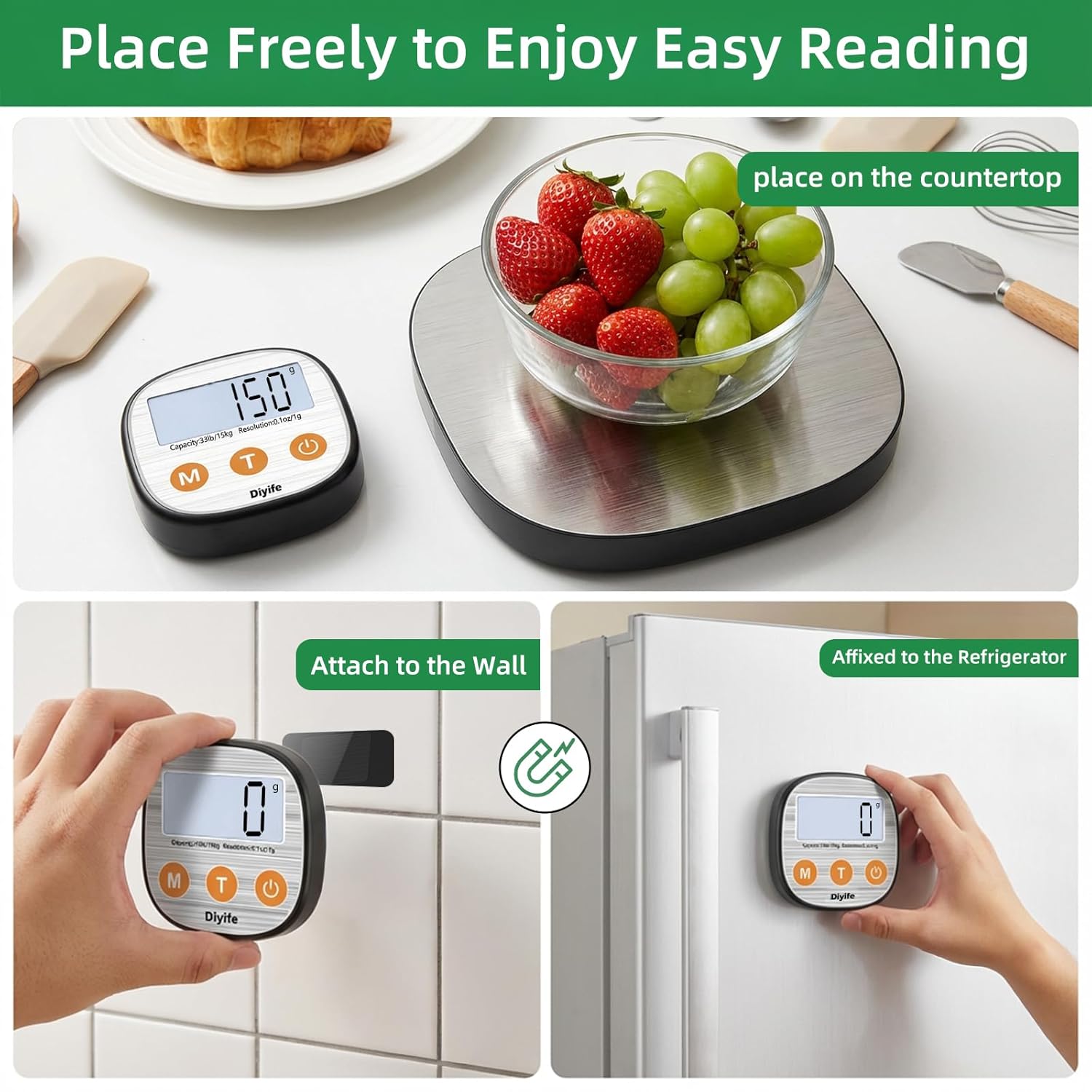 Diyife Aufladende digitale Küchenwaage 15 kg mit geteiltem LCD-Display, Grammwaage hochpräzise 1 g, Lebensmittelwaage aus 304 Edelstahl, 7 Einheiten, abgerundetes Design – Bild 3