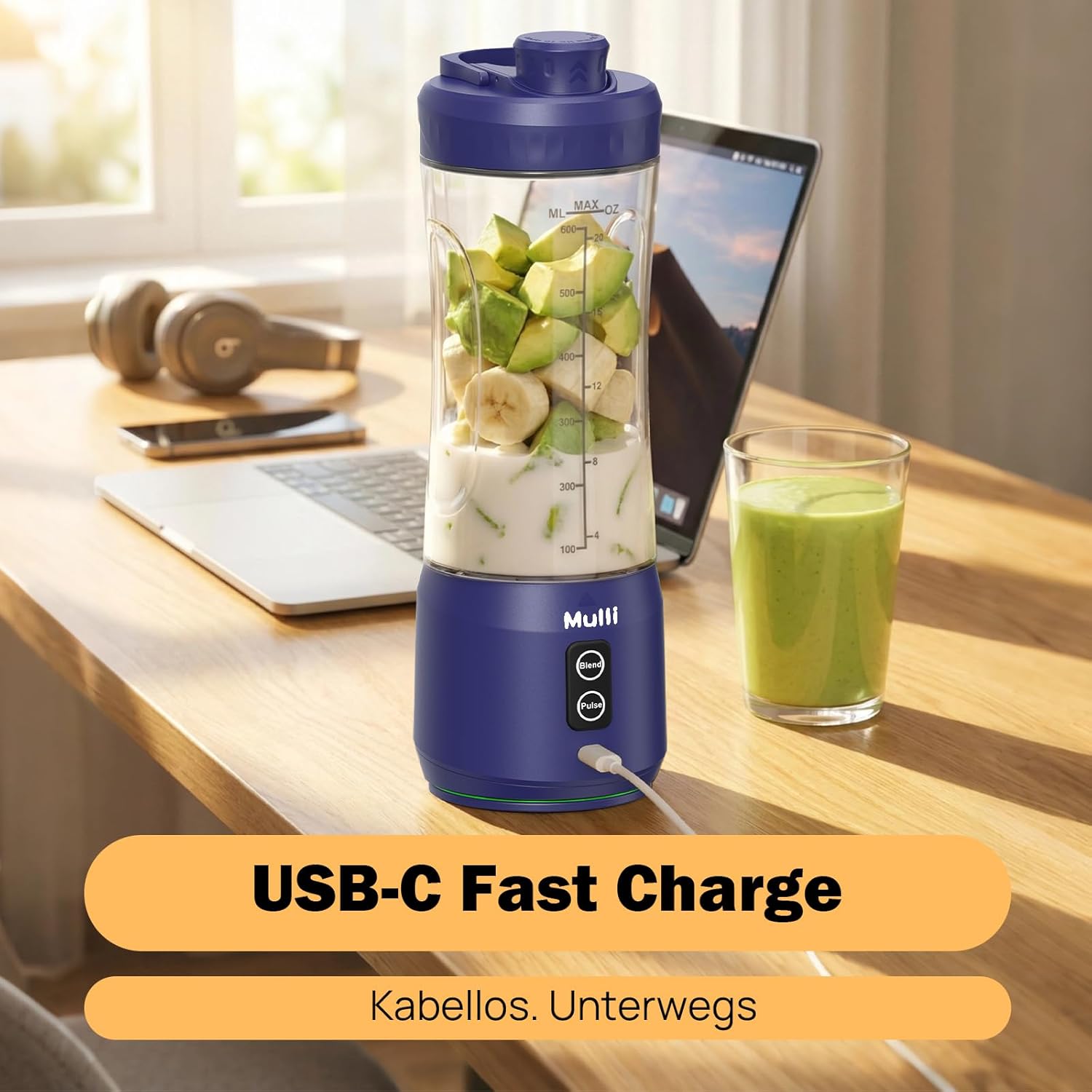 Mulli Tragbarer Mixer, kabelloser 600-ml-Mixbecher für Shakes und Smoothies, persönlicher Mixer, BPA-frei, mit auslaufsicherem Deckel, Strohhalmdeckel, USB-C aufladbar, spülmaschinenfeste Teile – Bild 7