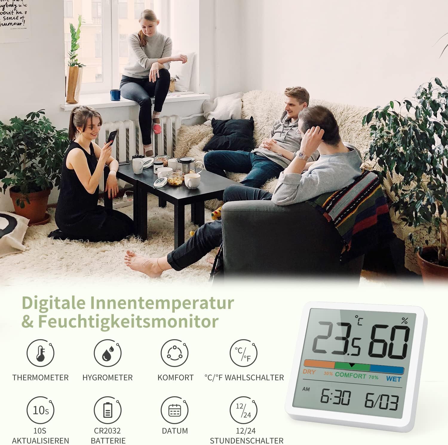 Noklead Digitales Thermo-Hygrometer, tragbares Innenthermometer-Hygrometer mit hoher Genauigkeit, Temperatur- und Luftfeuchtigkeitsmessgerät für Raumklimakontrolle, Raumluftüberwachung, Klimamonitor, Weiß – Bild 4