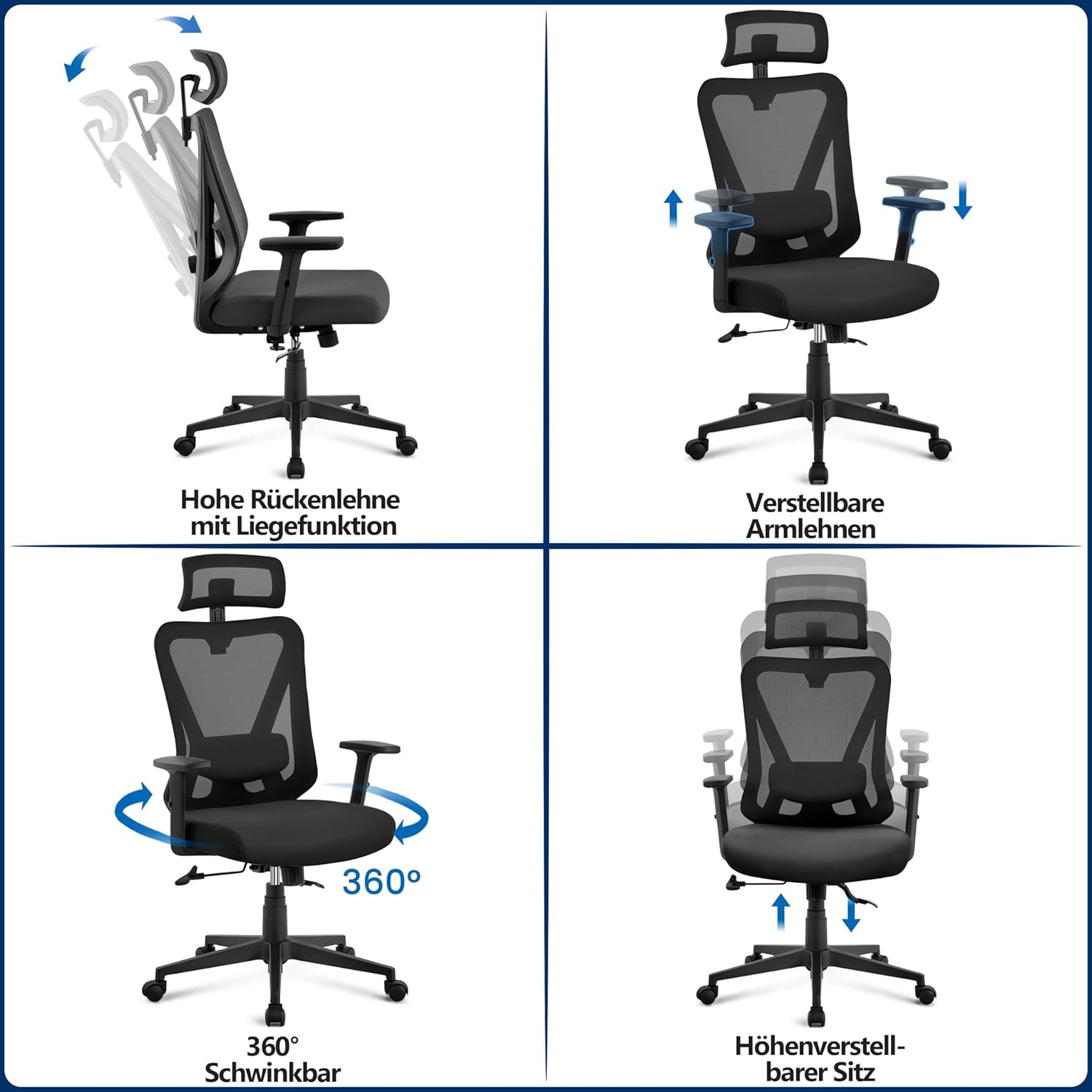 Yaheetech Ergonomischer Bürostuhl, höhenverstellbarer Schreibtischstuhl mit atmungsaktiver Netzrückenlehne, verstellbaren Armlehnen, Kopfstütze und Lordosenstütze, Wippfunktion bis 130°, Home Office, Schwarz – Bild 9