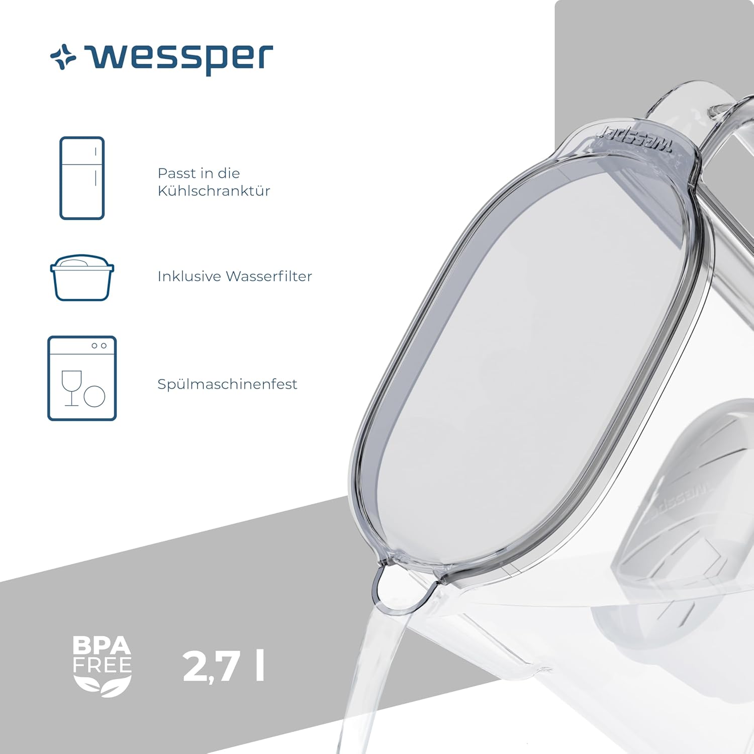 Wessper Wasserfilterkanne mit Filter, Kühlschranktürkanne 2,7 Liter, Filterkartuschen mit Aktivkohle und Ionenaustauschharz, Set Kanne und 6 Wasserfilter, Schwarz – Bild 4