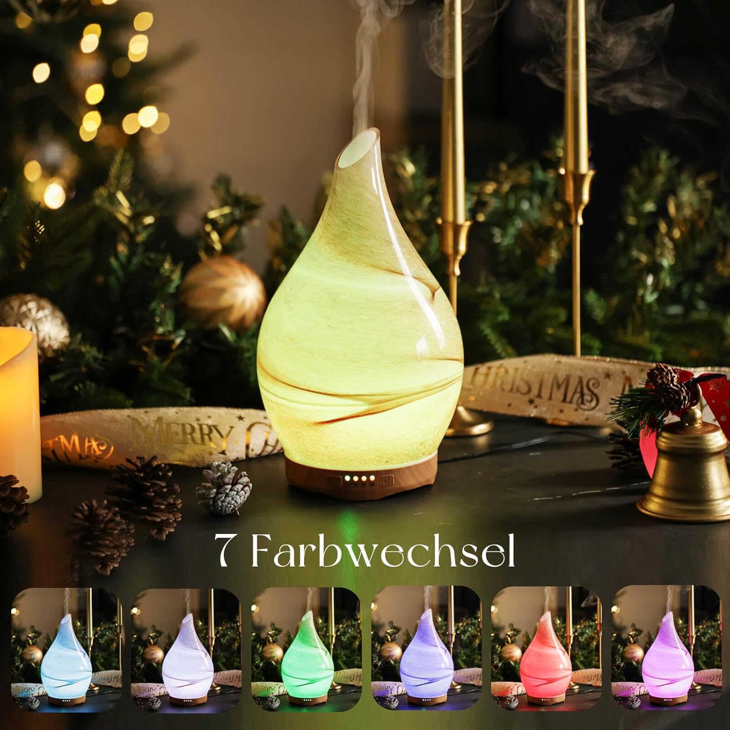 Porseme Aromadiffusor 280 ml, Luftbefeuchter aus mundgeblasenem Glas, Ultraschall-Aromatherapie-Öldiffusor mit 7 farbigen LED-Lichtern, Diffusor für ätherische Öle mit Fernbedienung für Zuhause (Wüste) – Bild 3