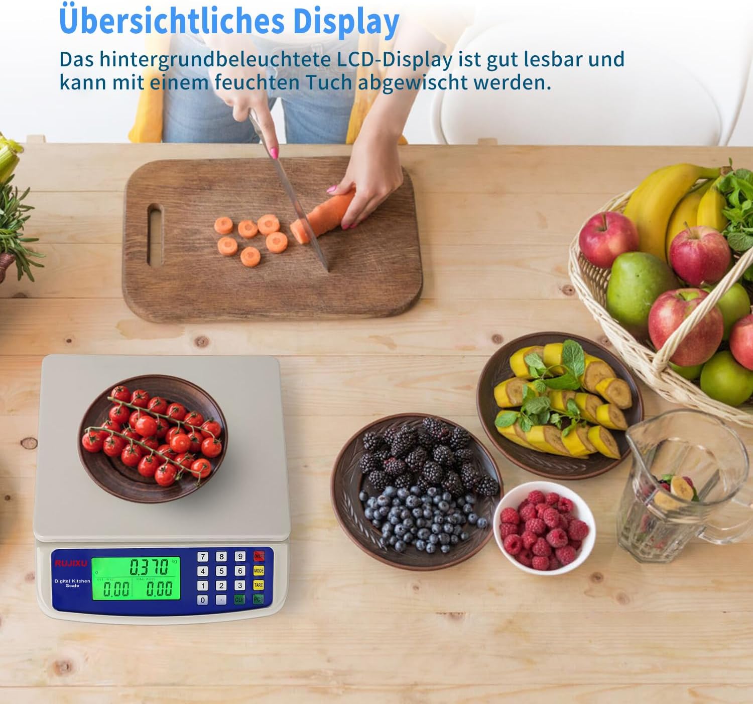 Digitale Waage bis 30 kg, große Küchenwaage, Obstwaage mit LCD-Display und Tara-Funktion, digitale Waage mit PCS-Zählwaage, 3-Einheiten-Umrechnung – Bild 7