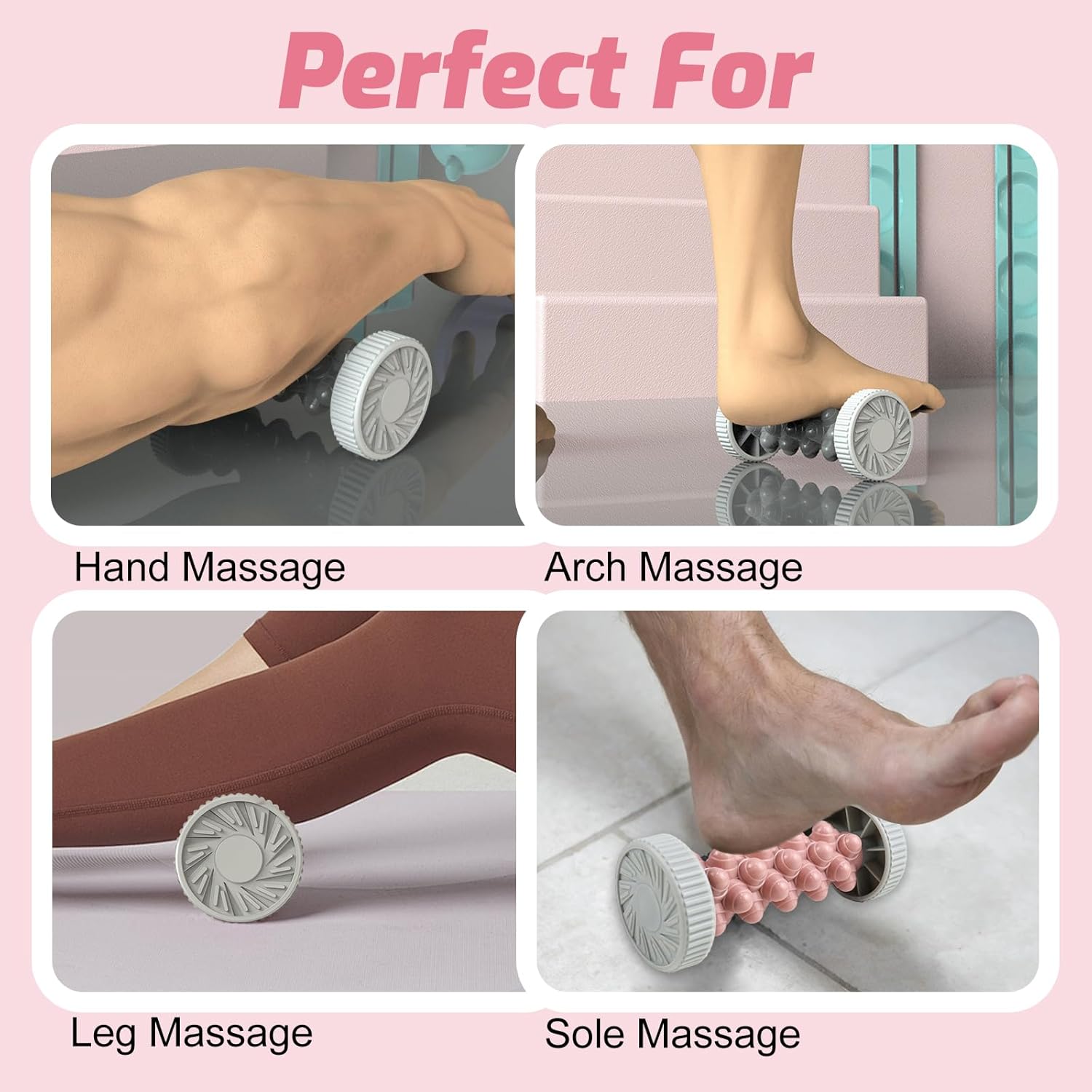 2 Stück Fußmassageroller für Plantarfasziitis, Faszienroller Fuß, tragbarer Fußmassageroller mit Noppen für Hand & Fuß, Fersenschmerzen, Stressabbau & Entspannung – Grau & Rosa – Bild 4