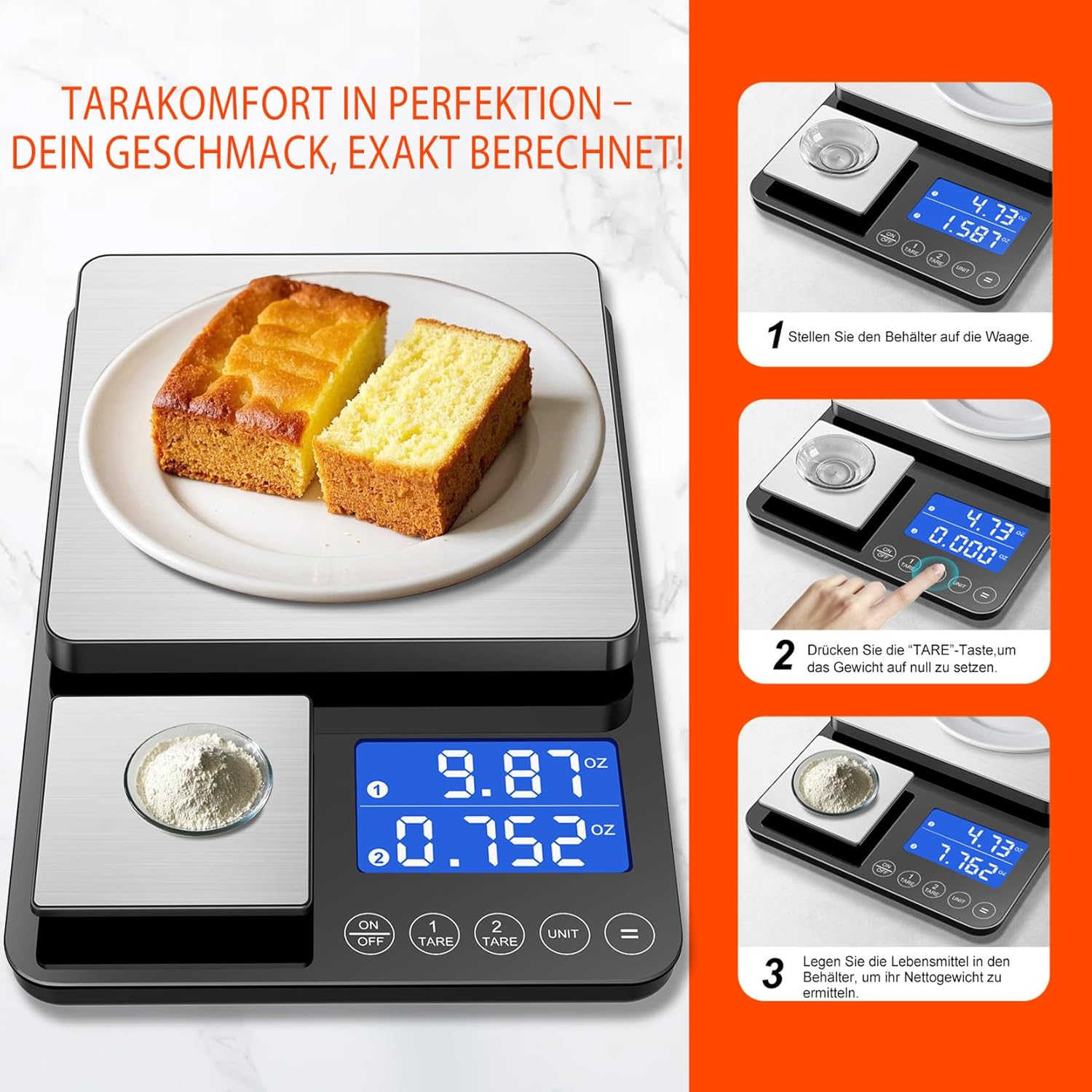 Digitale Küchenwaage mit Doppelplattform, präzise Messung von 500 g/0,01 g und 15 kg/1 g, Tara- und Summierfunktion, 7 Einheiten Lebensmittelwaage zum Kochen, Backen, für Fitness-Mahlzeiten und für den professionellen Küchengebrauch – Bild 8