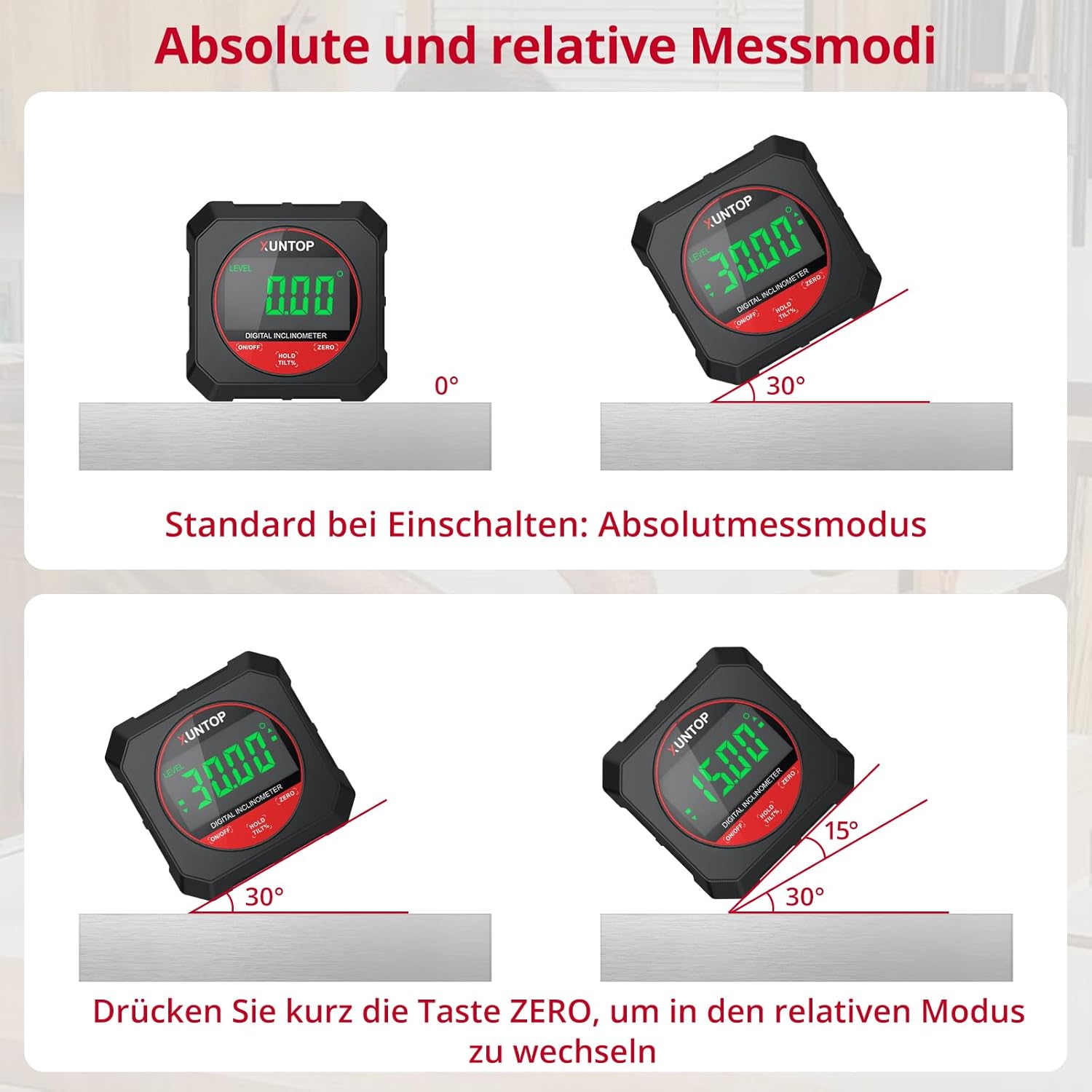 XUNTOP Neigungsmesser Digitaler Winkelmesser Neigungsmesser Messbereich 4 x 90°, 0,05° Auflösung mit Magnetfuß für Holzbearbeitung, Werkstätten, Außenbereich – Bild 3