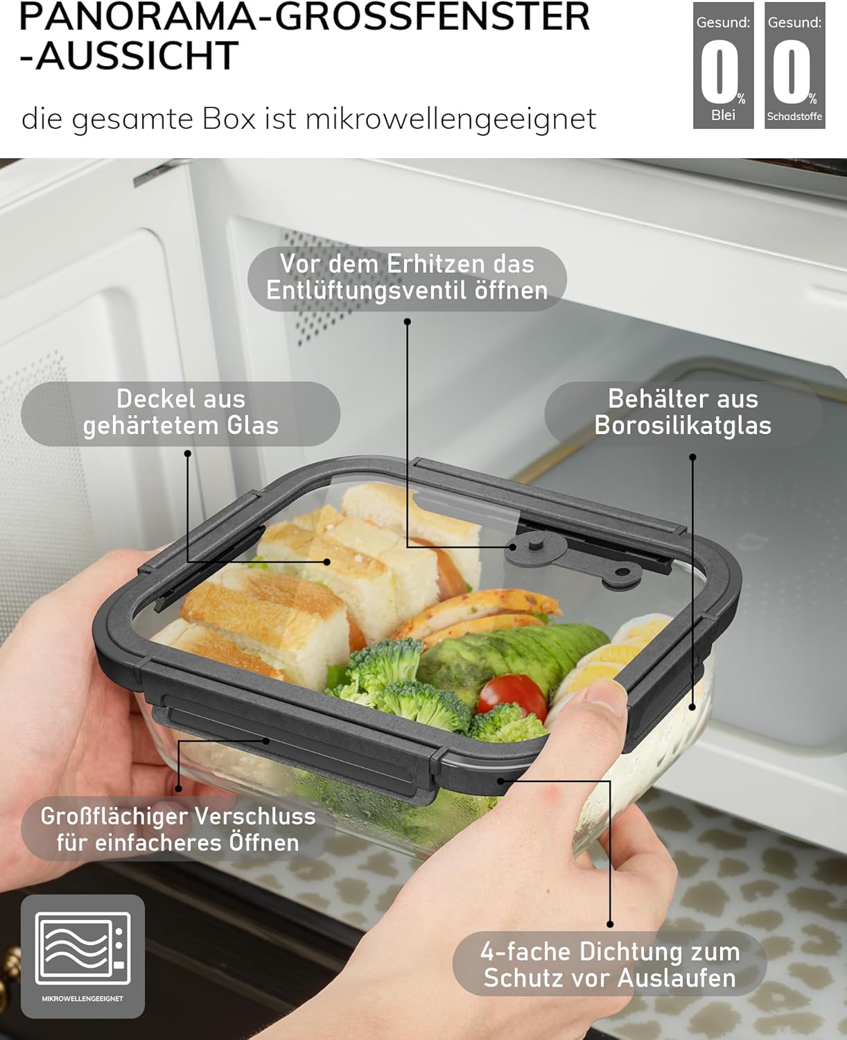 5er-Pack Borosilikatglasbehälter mit gehärtetem Deckel, 1040 ml/4,4 Tassen, luftdichtes Meal-Prep-Set, mikrowellen-/gefriergeeignet/ofenfest -20℃~510℃, Grau – Bild 6