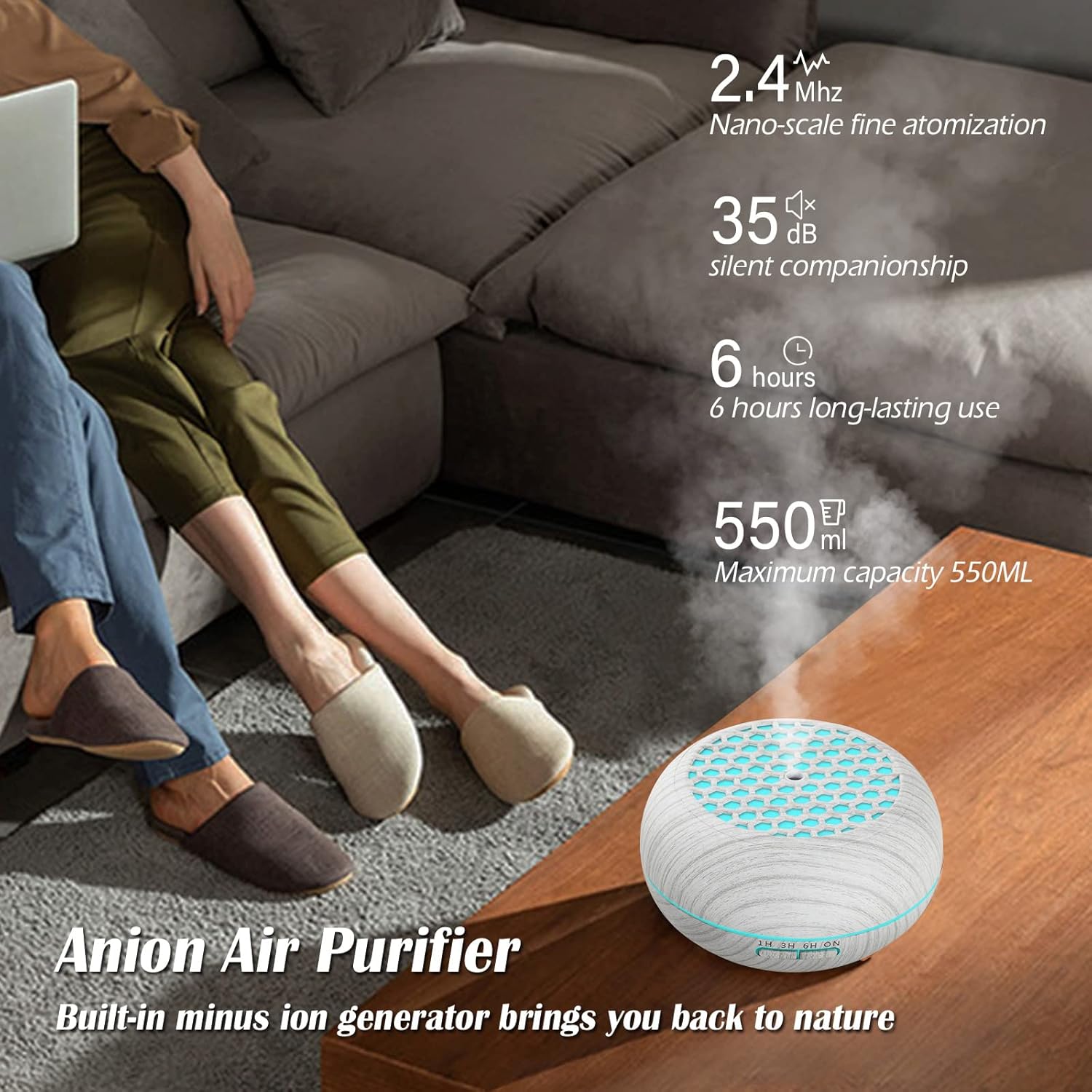 Simpeak Aroma Diffuser 550 ml, Ultraschall-Raumdiffusor Holz für ätherische Öle, Aromatherapie-Düfte, Luftbefeuchter mit Fernbedienung, Weiß – Bild 4