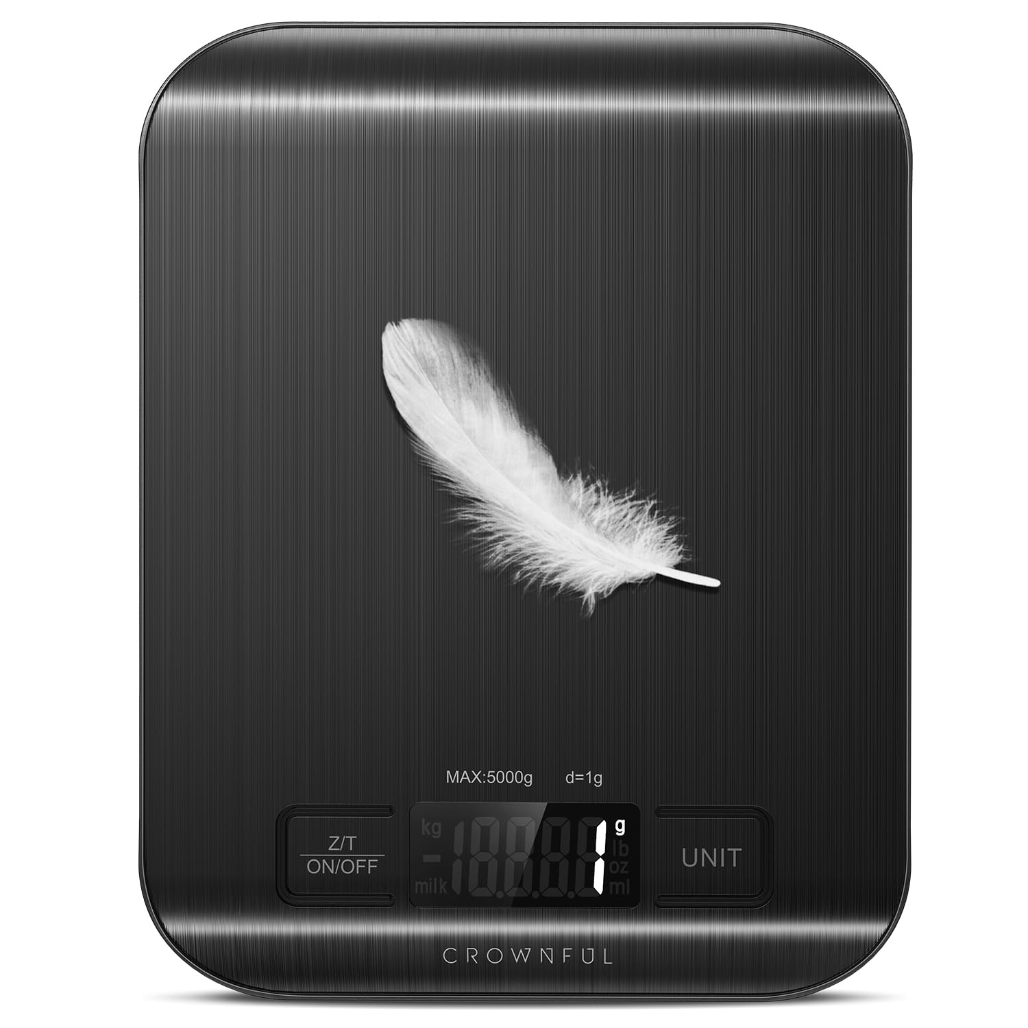 CROWNFUL Digitale Küchenwaage, 5 kg Digitale Küchenwaage mit LCD-Display, Gewicht Unzen und Gramm zum Kochen und Backen, 6 Einheiten mit Tara-Funktion, 304 Edelstahl (Schwarz)