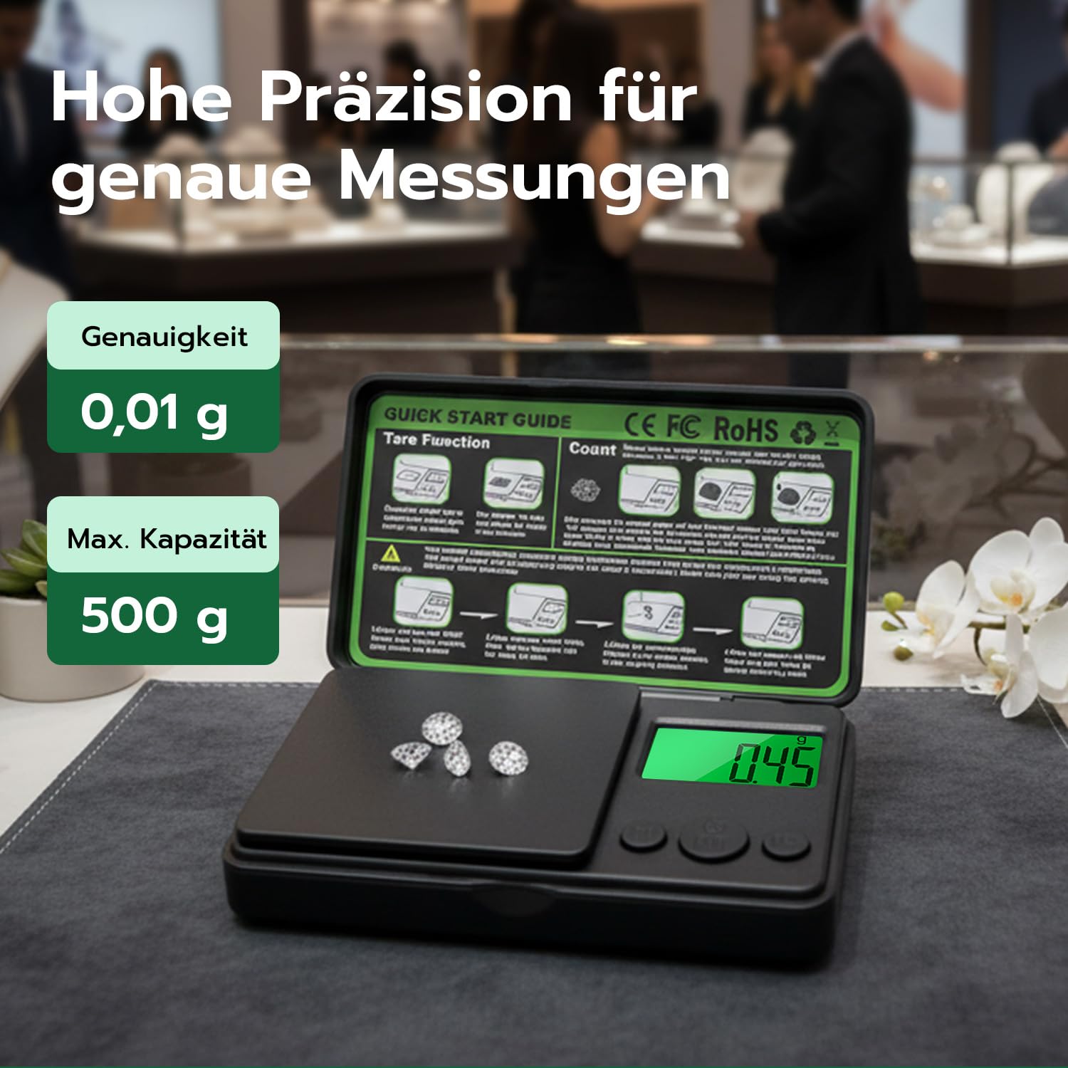 500 g/0,01 g Präzisionspräzise elektronische digitale Grammwaage, Taschenwaage mit Tara-Funktion und 7 Einheiten, LCD-Hintergrundbeleuchtung, Batterien im Lieferumfang enthalten – Bild 2