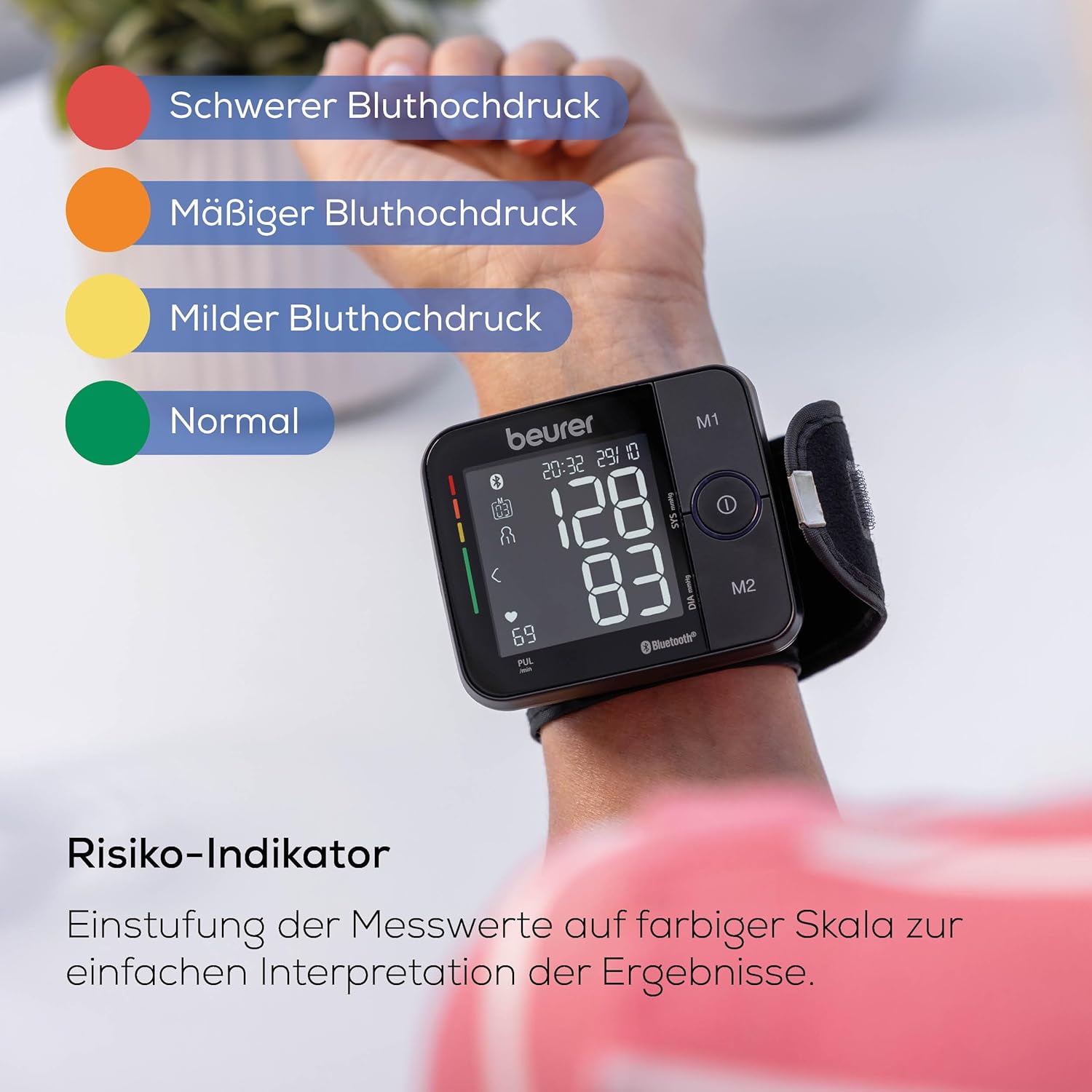 Beurer BC 54 Handgelenk-Blutdruckmessgerät mit Inflationstechnologie, farbiger Risikoanzeige, Arrhythmieerkennung, Handgelenkumfang 13,5-21,5 cm, mit App, Datenübertragung an Apple Health etc. – Bild 6