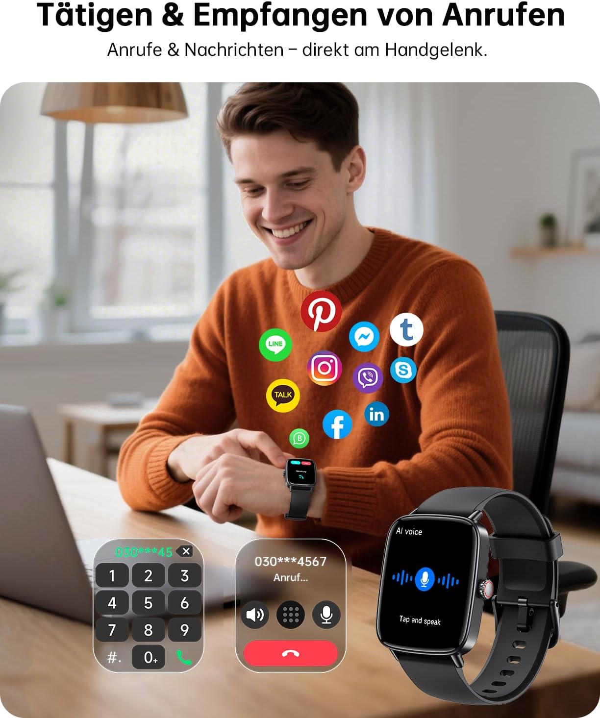 Gydom Herren Smartwatch mit Telefonfunktion 1,85 Zoll HD 2 Armbänder Fitnessuhr Fitnesstracker Herzfrequenz SpO2 Schlafmonitor IP68 Wasserdicht Sportuhr Schrittzähleruhr für Samsung Android iOS Schwarz – Bild 2