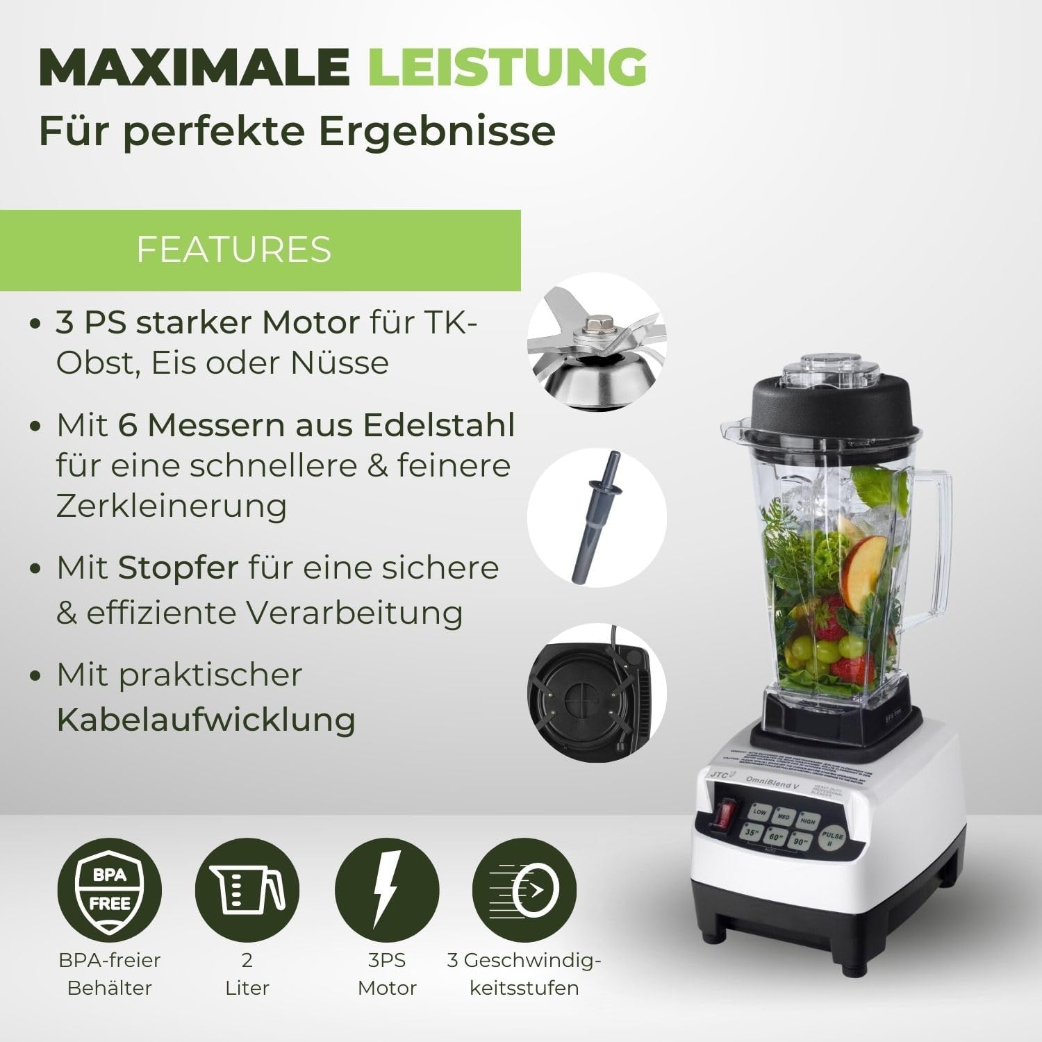 OmniBlend Smoothie Maker 2L in Weiß I Smoothie Mixer inklusive BPA-freiem Behälter & 6-Klingen-System aus Edelstahl I Mixer Smoothie Maker ideal für grüne Smoothies I Standmixer mit 3 PS Motor – Bild 3