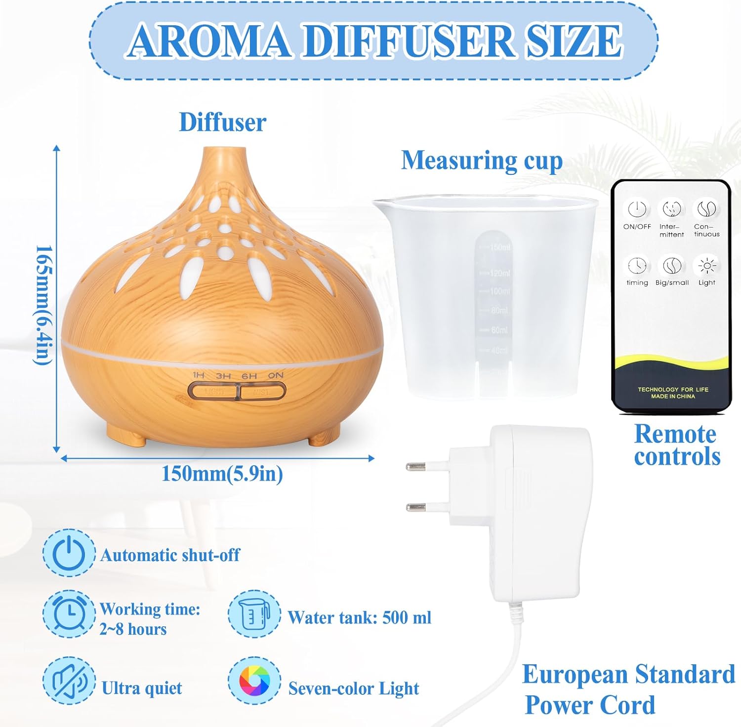 Aromadiffusor, 500 ml Duftöl-Diffusor, Diffusor für ätherische Öle, Ultraschall-Luftbefeuchter, Aromatherapie-Öle-Diffusor mit Fernbedienung und 7 LED-Farben, für Zuhause, Schlafzimmer, Zimmer, Büro – Bild 7