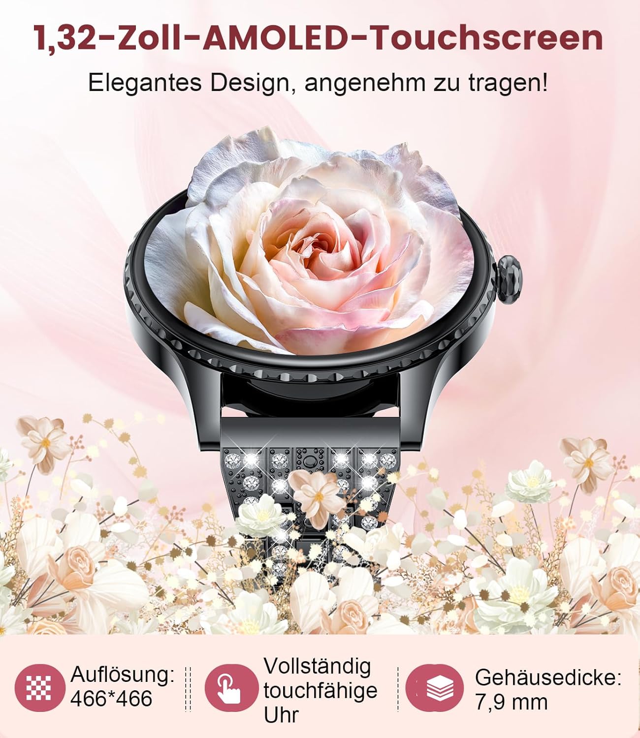 Damen-Smartwatch – luxuriöses Metallarmband mit Strasssteinen/1,32 Zoll HD AMOLED-Display/270+ Zifferblätter, Fitnessuhr mit über 110 Sportmodi, Schlaf-Tracking, Telefonfunktion, Uhr für iOS Android – Bild 2