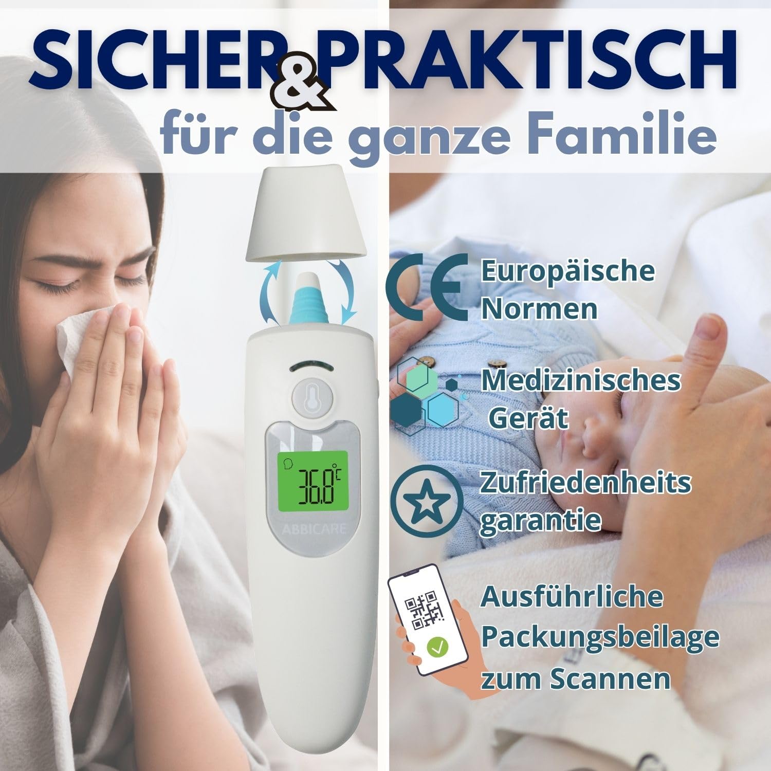 ABBICARE Stirn- und Ohrenfieberthermometer mit Tasche, exklusiver Babymodus, präzise und kontaktlos in 1 Sekunde, multifunktionales professionelles Infrarot-Thermometer für Erwachsene – Bild 4