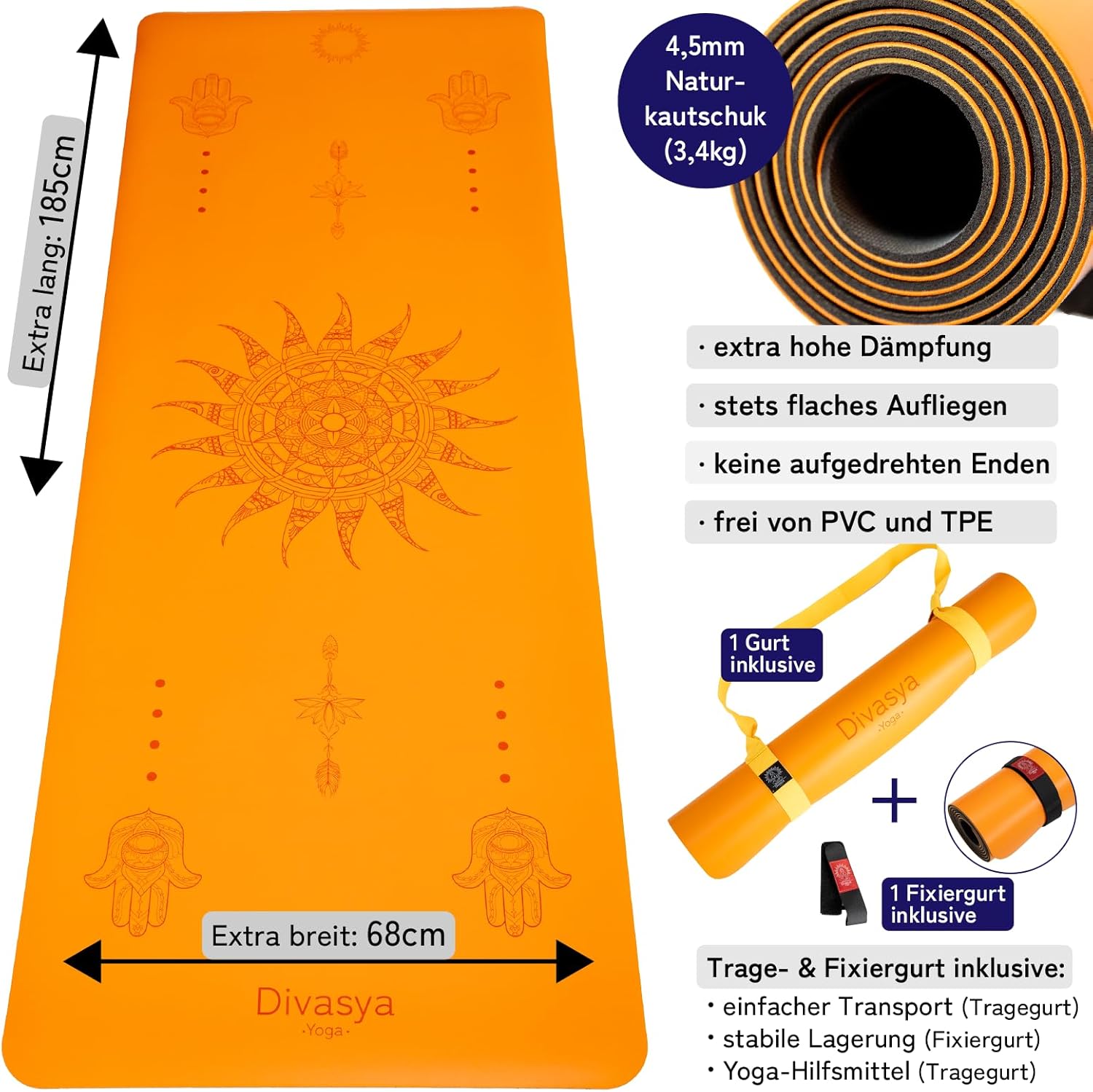 Rutschfeste Premium-Yogamatte: Rutschfester Naturkautschuk und japanische Profi-Griffoberfläche | 185 x 68 x 0,45 cm | Tragegurt | 4,5 mm dicke Yogamatte, rutschfest – Bild 6