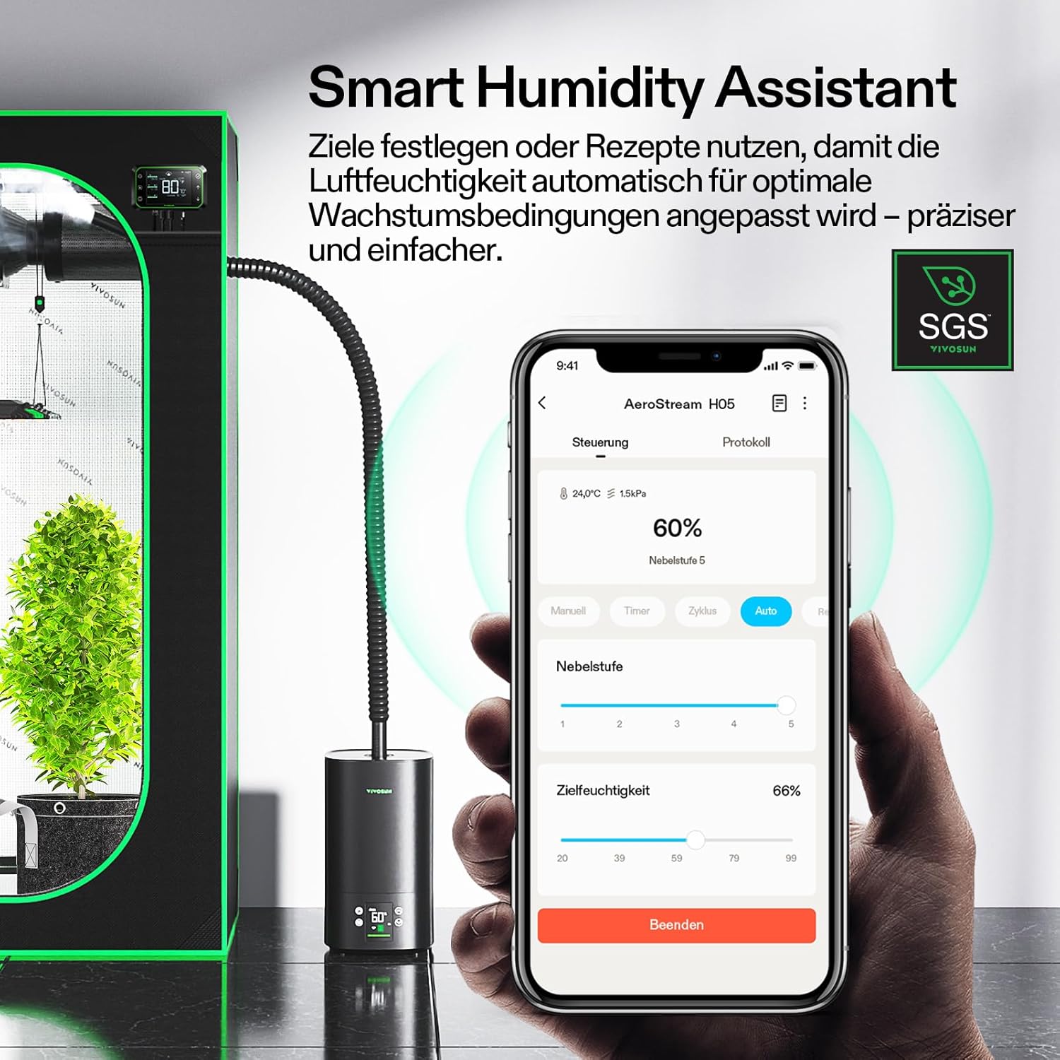 VIVOSUN Pflanzenbefeuchter, 5 l, intelligenter Luftbefeuchter für Pflanzen, AeroStream H05, 24 dB, leise, 360° kühler Nebel, 50 Stunden, langlebig, Top-Fill-Ultraschall, entwickelt für Wachstumszelte, Growbox – Bild 6