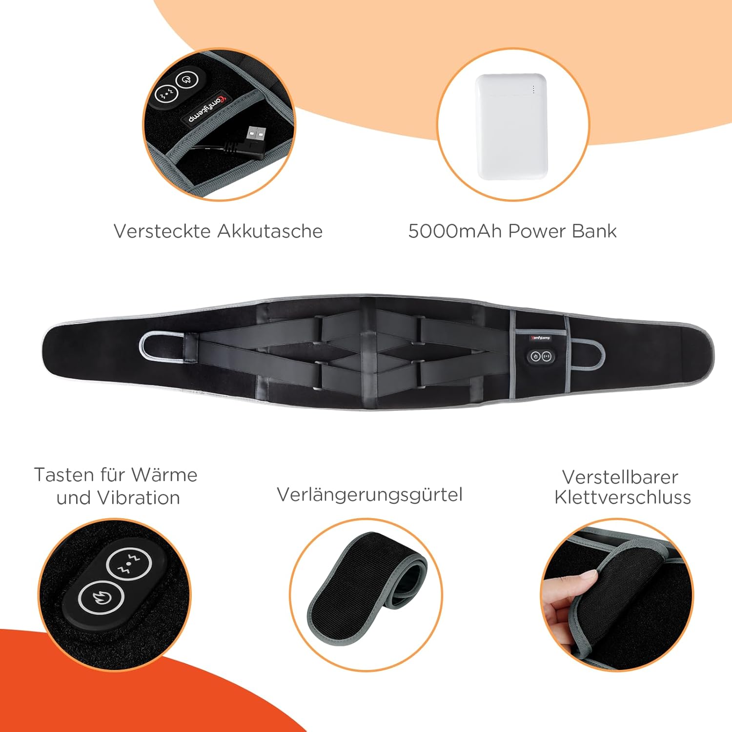 Comfytemp Wärmegürtel Vibrationsmassage für Rücken mit 25 Wh Akku, 155 x 20 cm kabelloses Massagegerät mit Kompressionsband, Rückenwärmer Heizgürtel USB-Heizkissen Geschenke für Mütter, Frauen, Mama, Papa – Bild 6