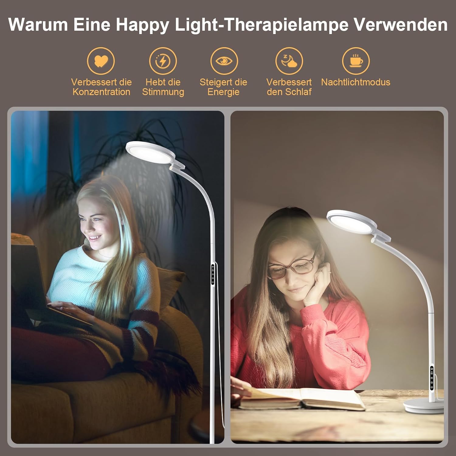 Tageslichtlampe Stehlampe 10000 Lux, 3-in-1 UV-freie Lichttherapielampe mit Touch-Steuerung und Fernbedienung, 5 Farben & 5 Helligkeitsstufen Sonnenlichtlampe für Büro/Zuhause – Bild 4